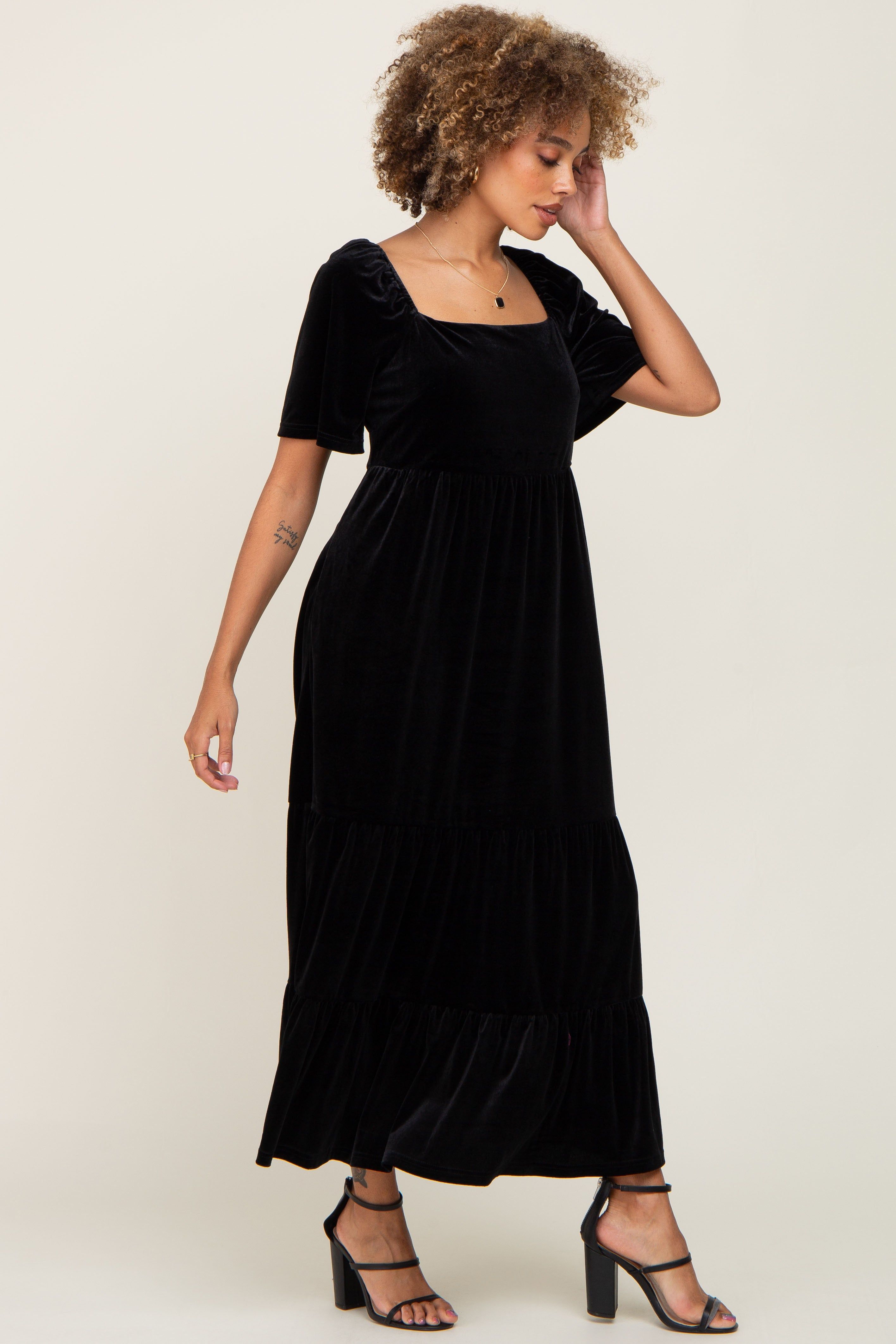 Black Velvet Tiered Maxi Dress sold by Pinkblush product image thumbnail 2