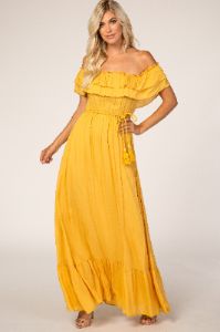 Yellow Off Shoulder Tassel Tie Maxi Dress sold by Pinkblush