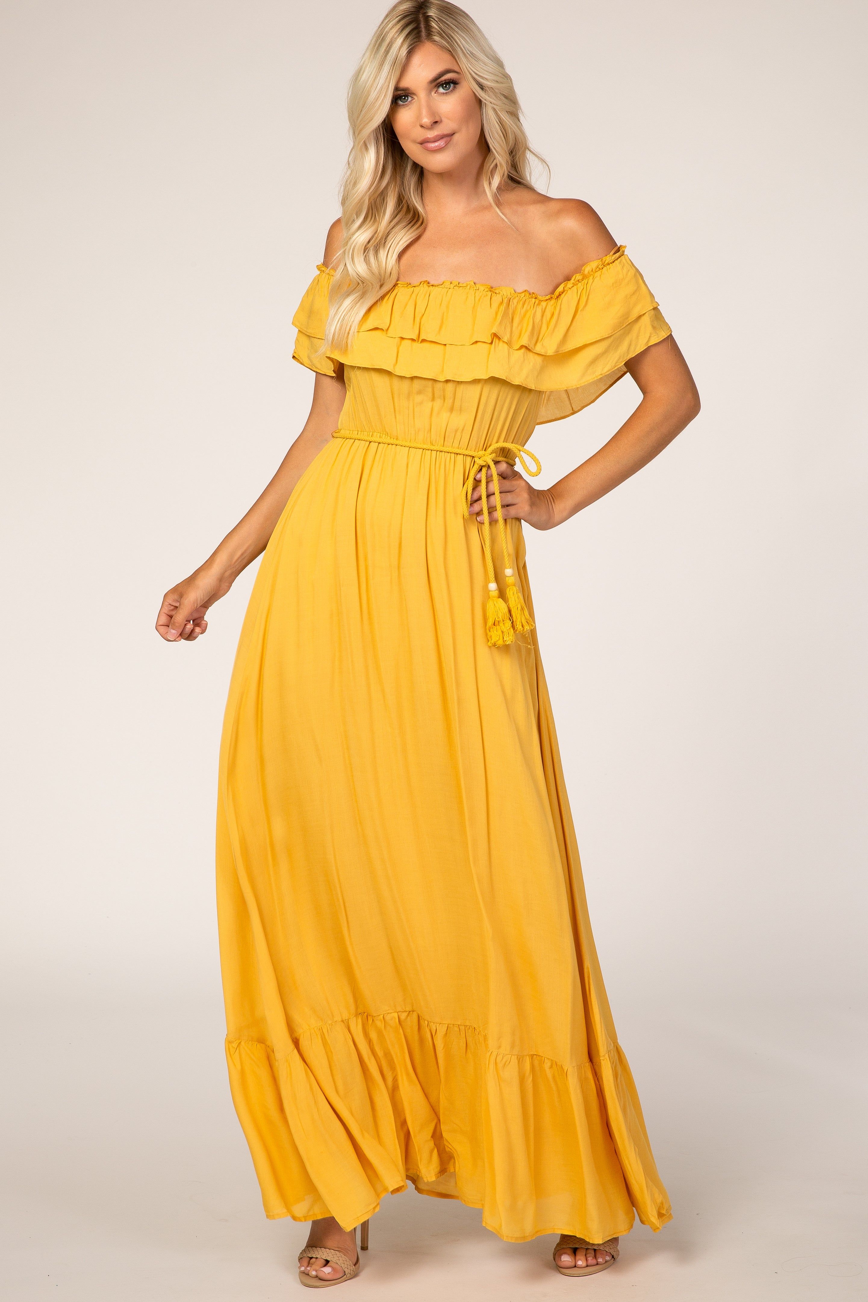 Yellow Off Shoulder Tassel Tie Maxi Dress sold by Pinkblush