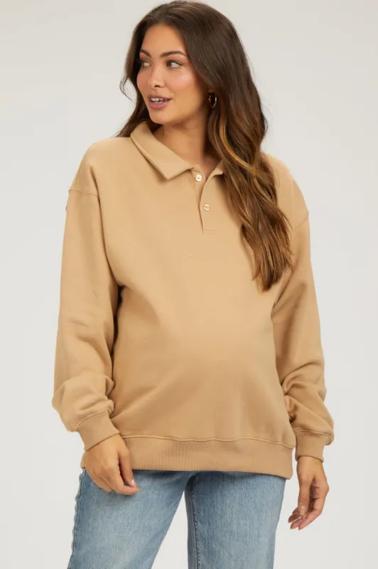 Taupe Collared Pullover Maternity Sweatshirt sold by Pinkblush