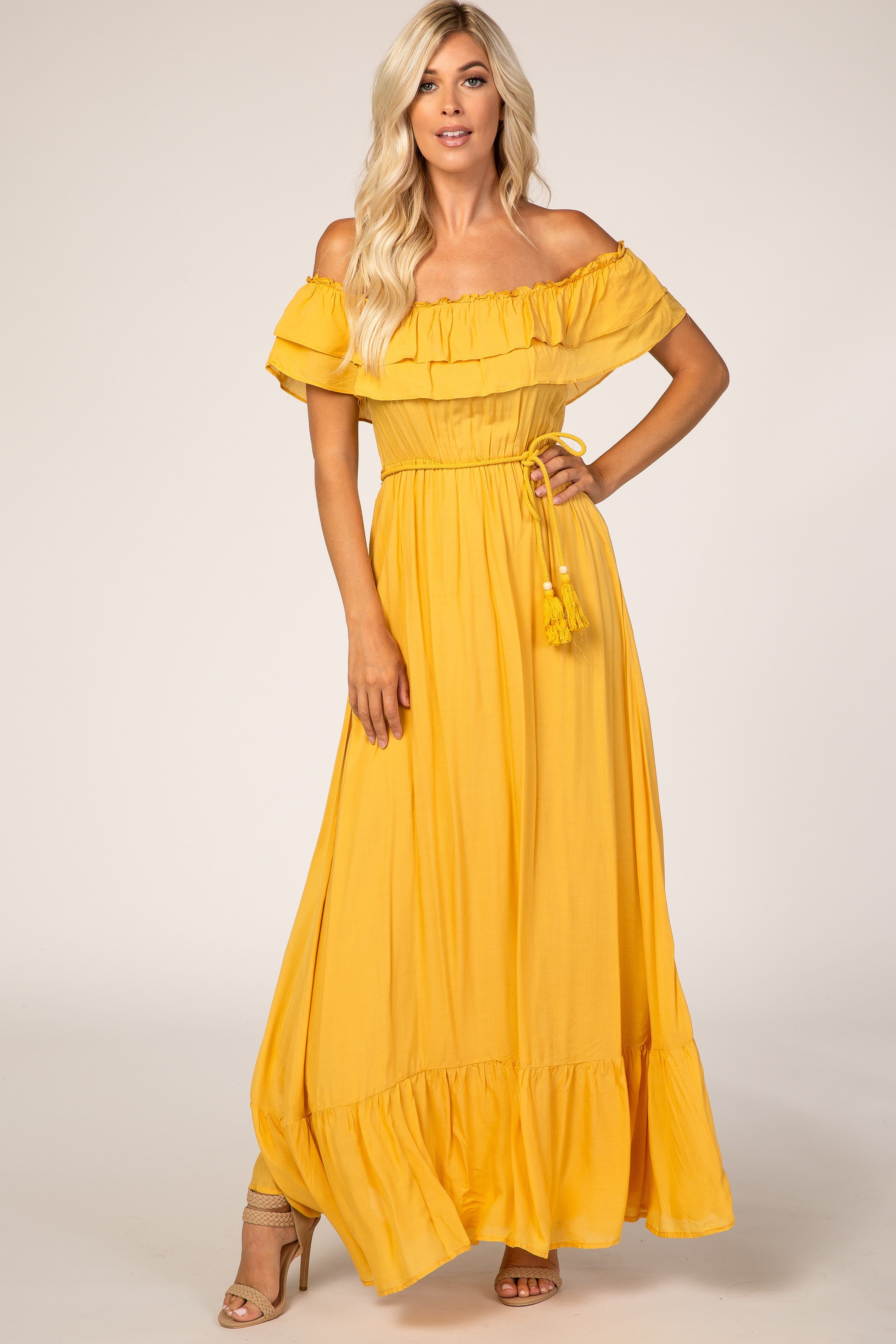 Yellow Off Shoulder Tassel Tie Maxi Dress sold by Pinkblush product image thumbnail 2
