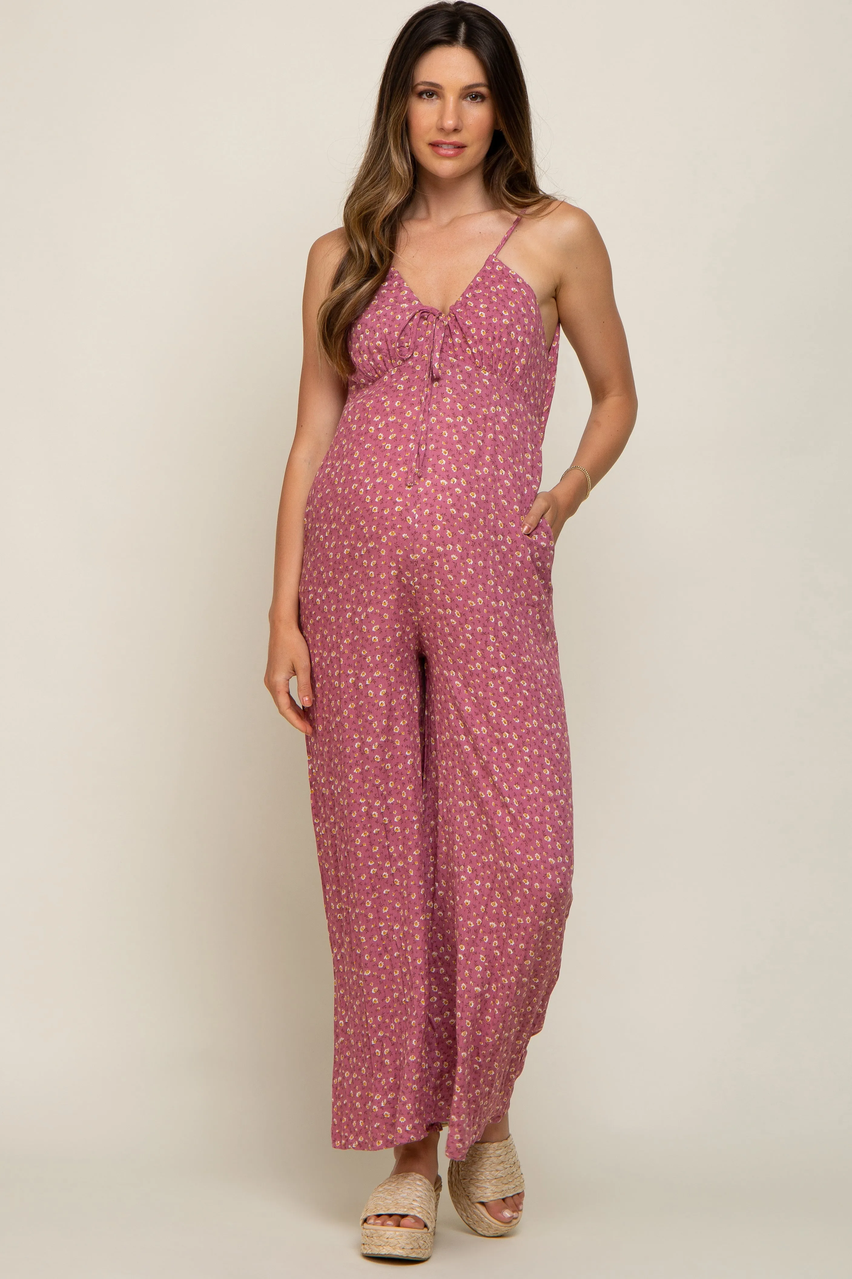 Mauve Floral V-Neck Front Tie Sleeveless Maternity Jumpsuit sold by Pinkblush product image thumbnail 4