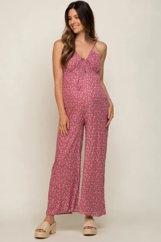 Mauve Floral V-Neck Front Tie Sleeveless Maternity Jumpsuit sold by Pinkblush
