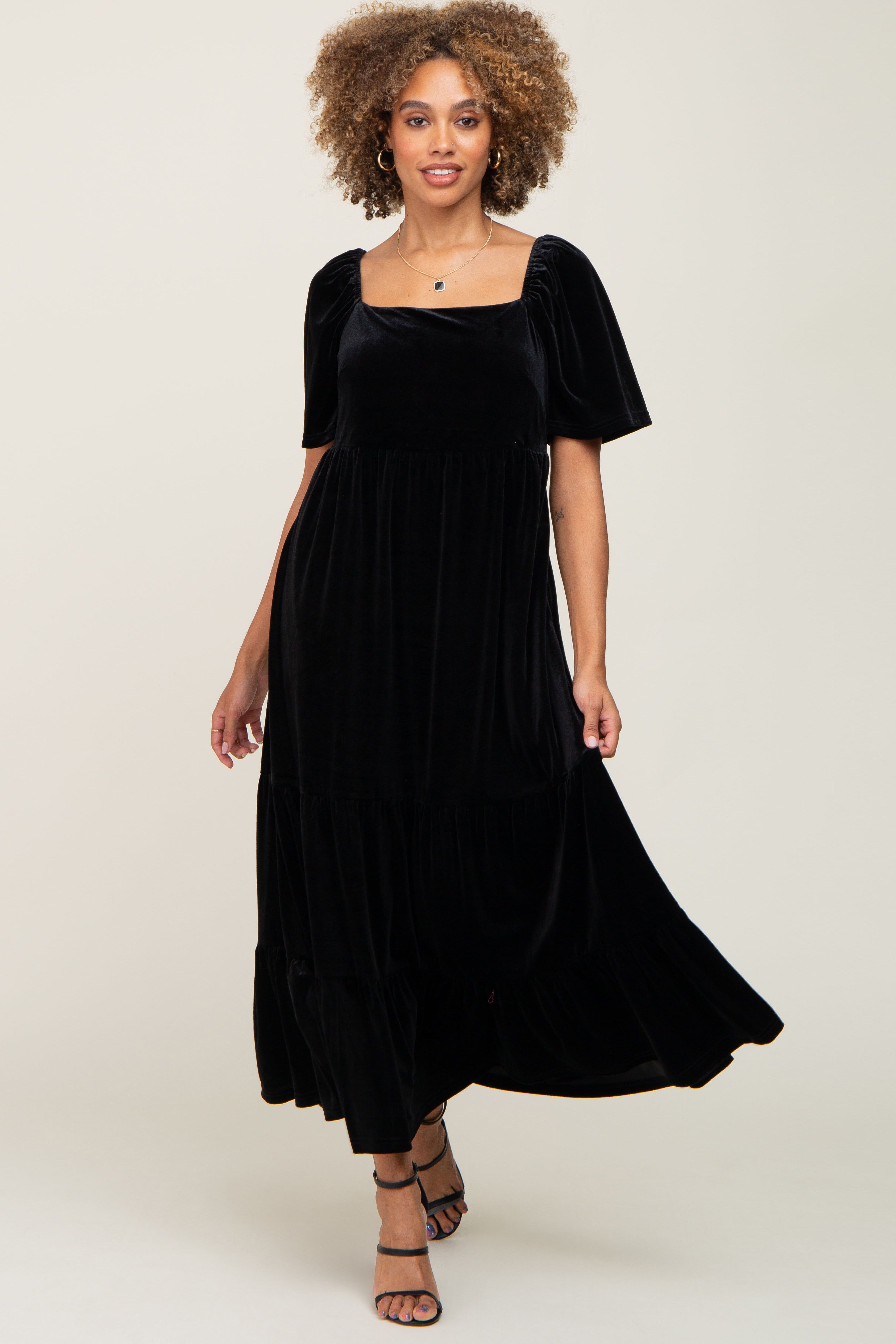 Black Velvet Tiered Maxi Dress sold by Pinkblush