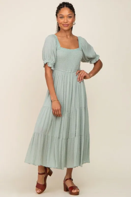 Mint Swiss Dot Puff Sleeve Smocked Midi Dress sold by Pinkblush