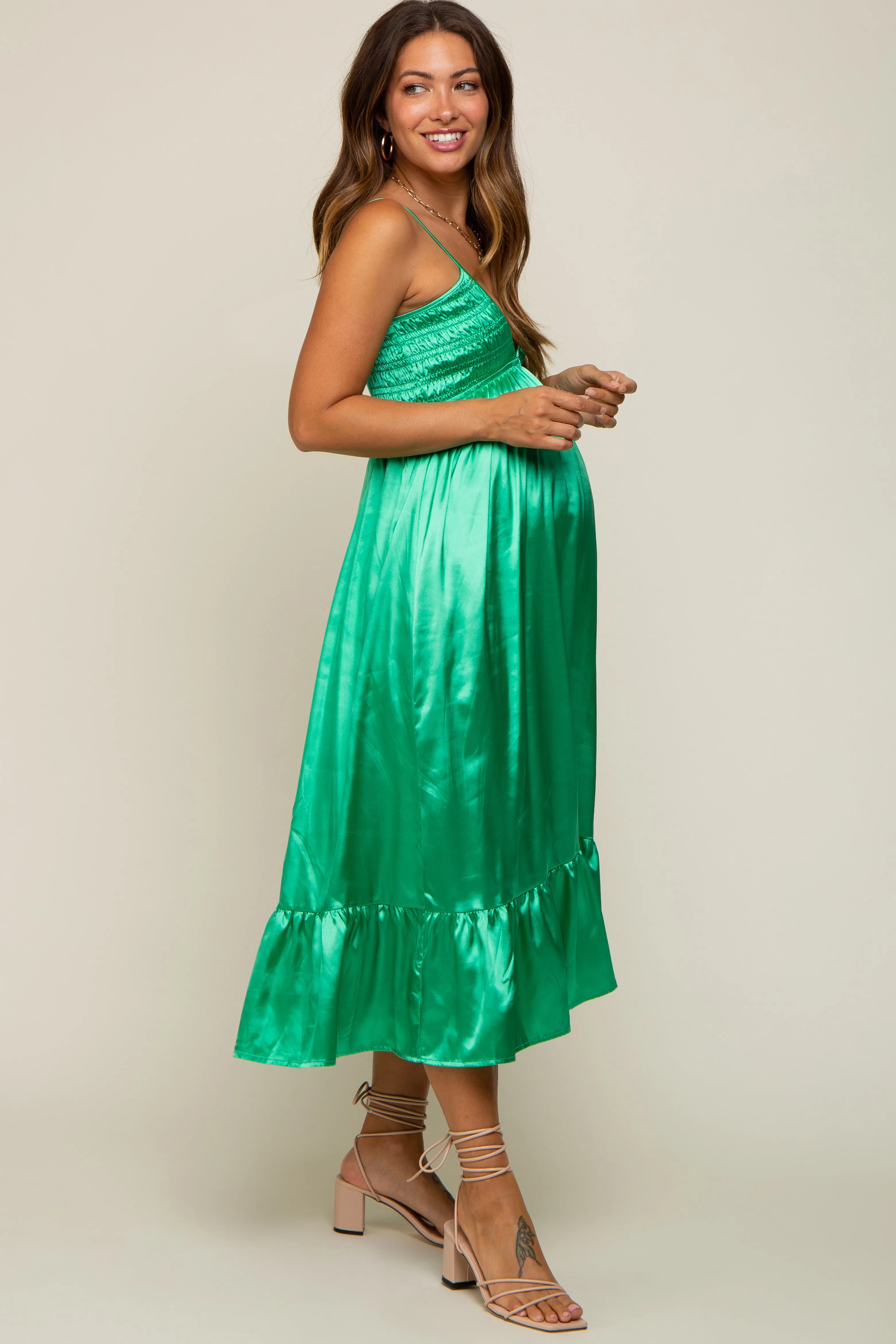 Green Satin Smocked V-Neck Maternity Midi Dress sold by Pinkblush product image thumbnail 3