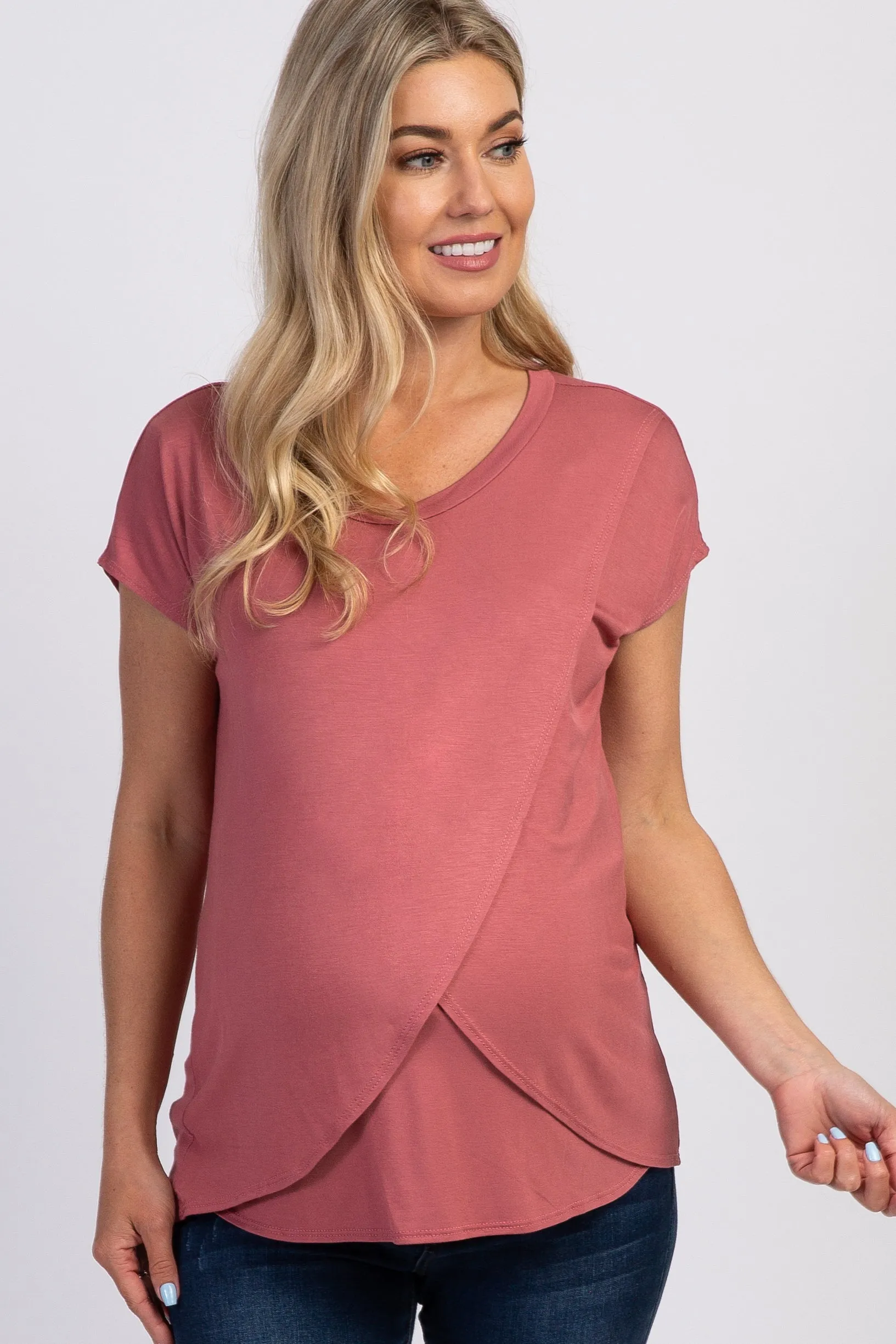 Mauve Layered Wrap Front Maternity Nursing Top sold by Pinkblush