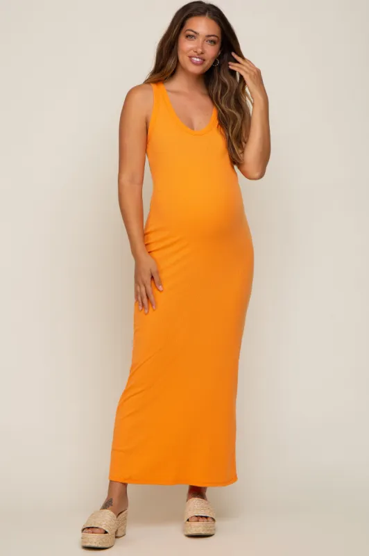 Orange Sleeveless Ribbed Maternity Maxi Dress sold by Pinkblush