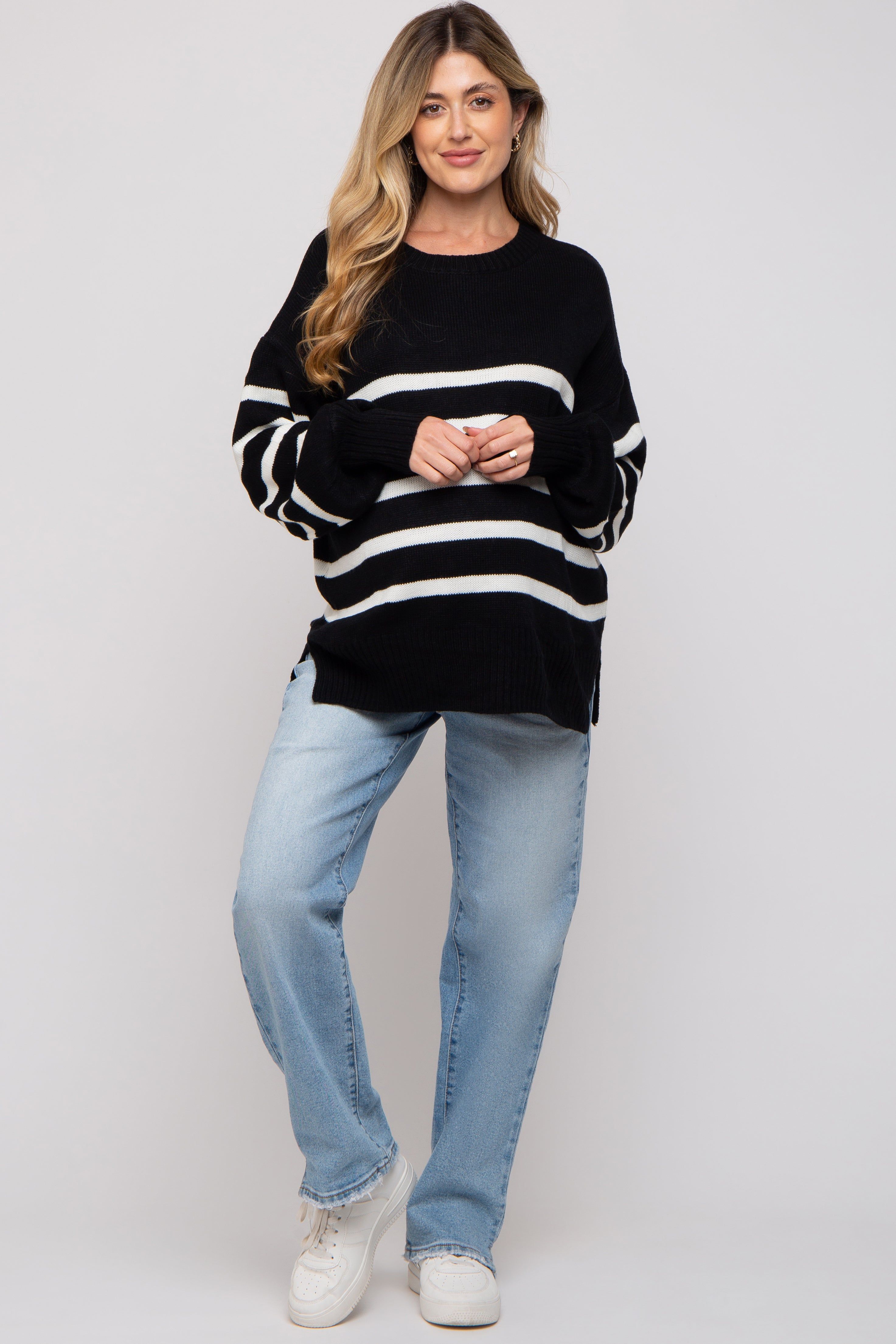 Black Striped Oversized Side Slit Maternity Sweater sold by Pinkblush