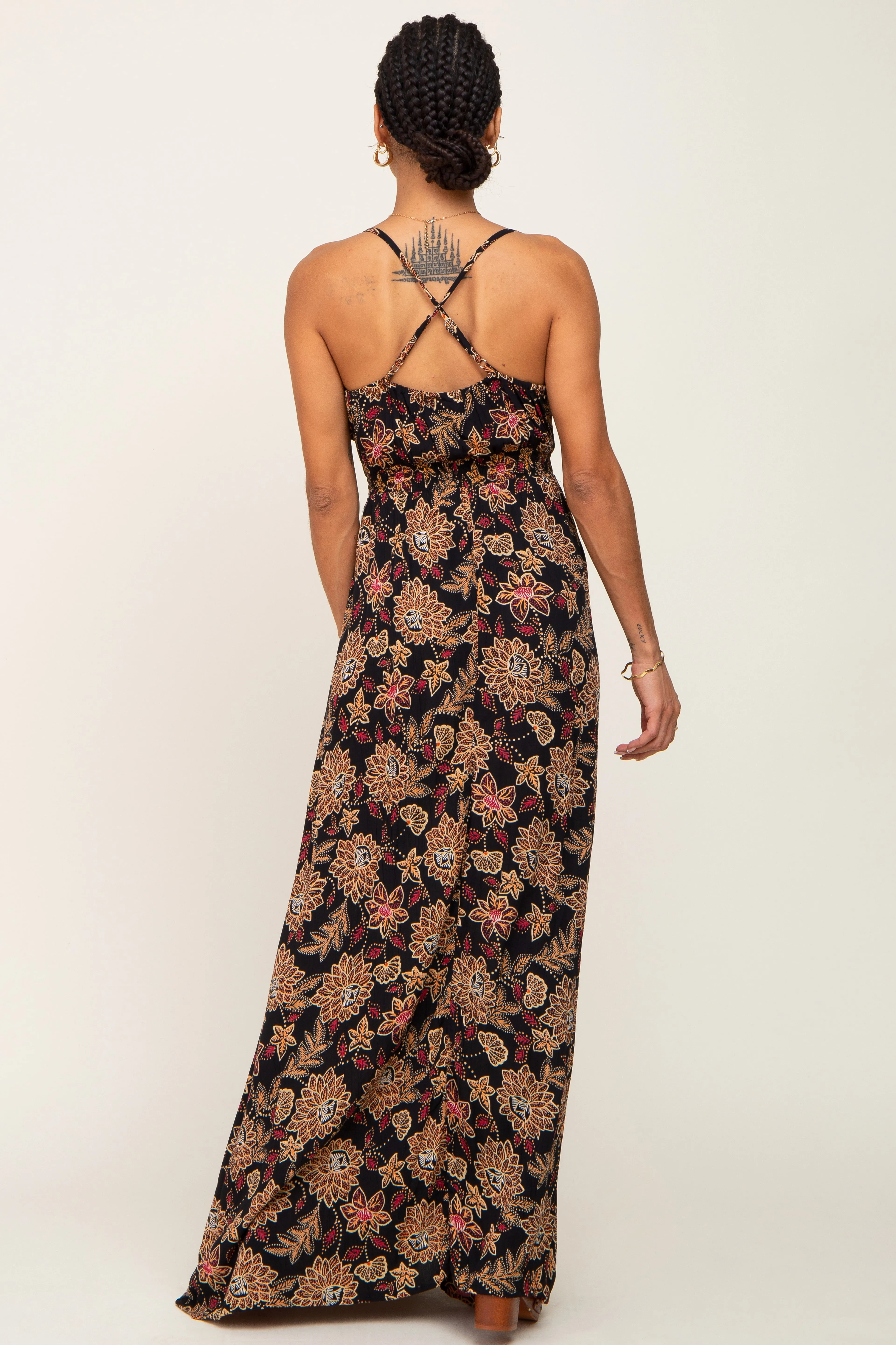 Black Floral V-Neck Cross Back Maxi Dress sold by Pinkblush product image thumbnail 3