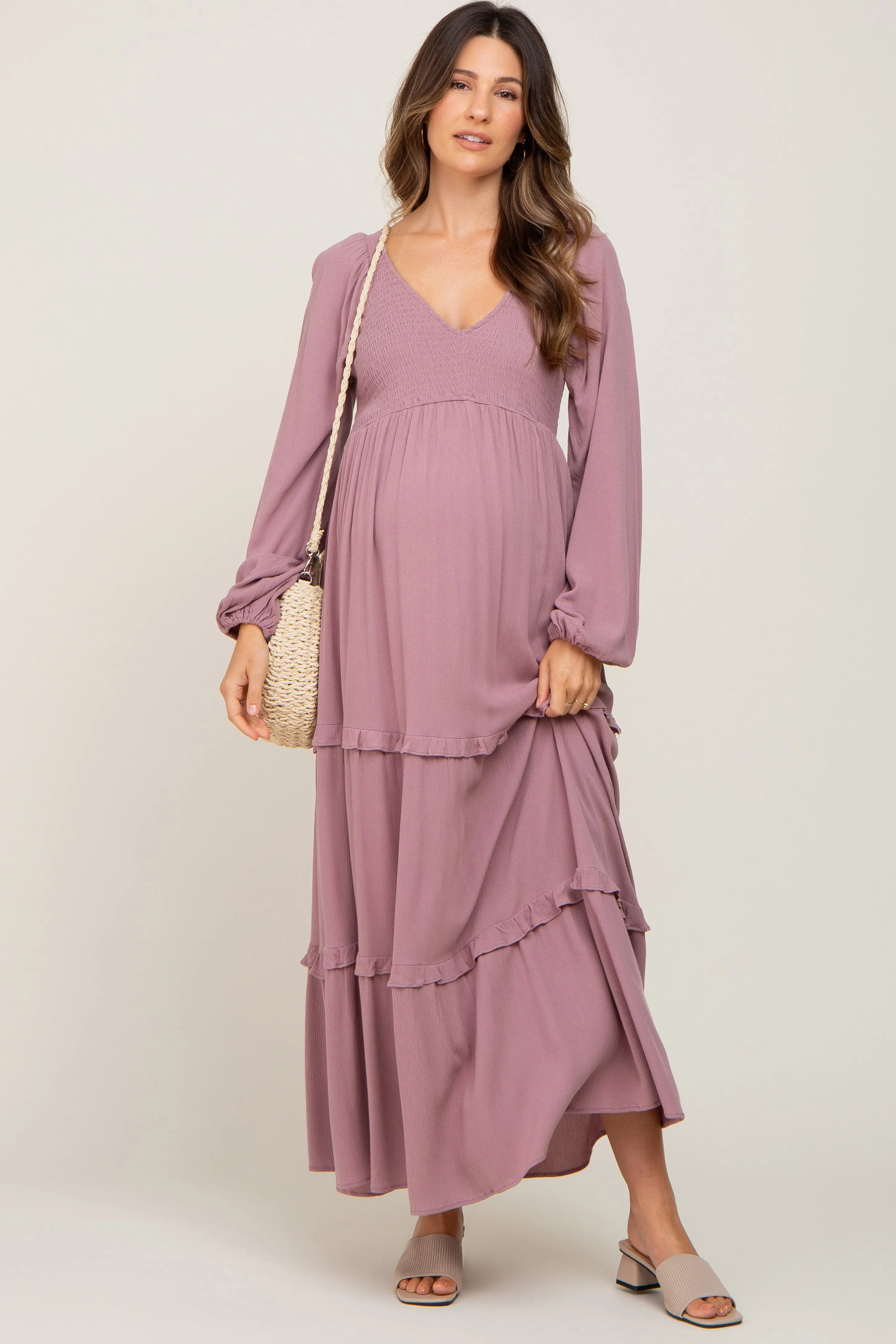 Mauve Smocked Tiered Maternity Midi Dress sold by Pinkblush