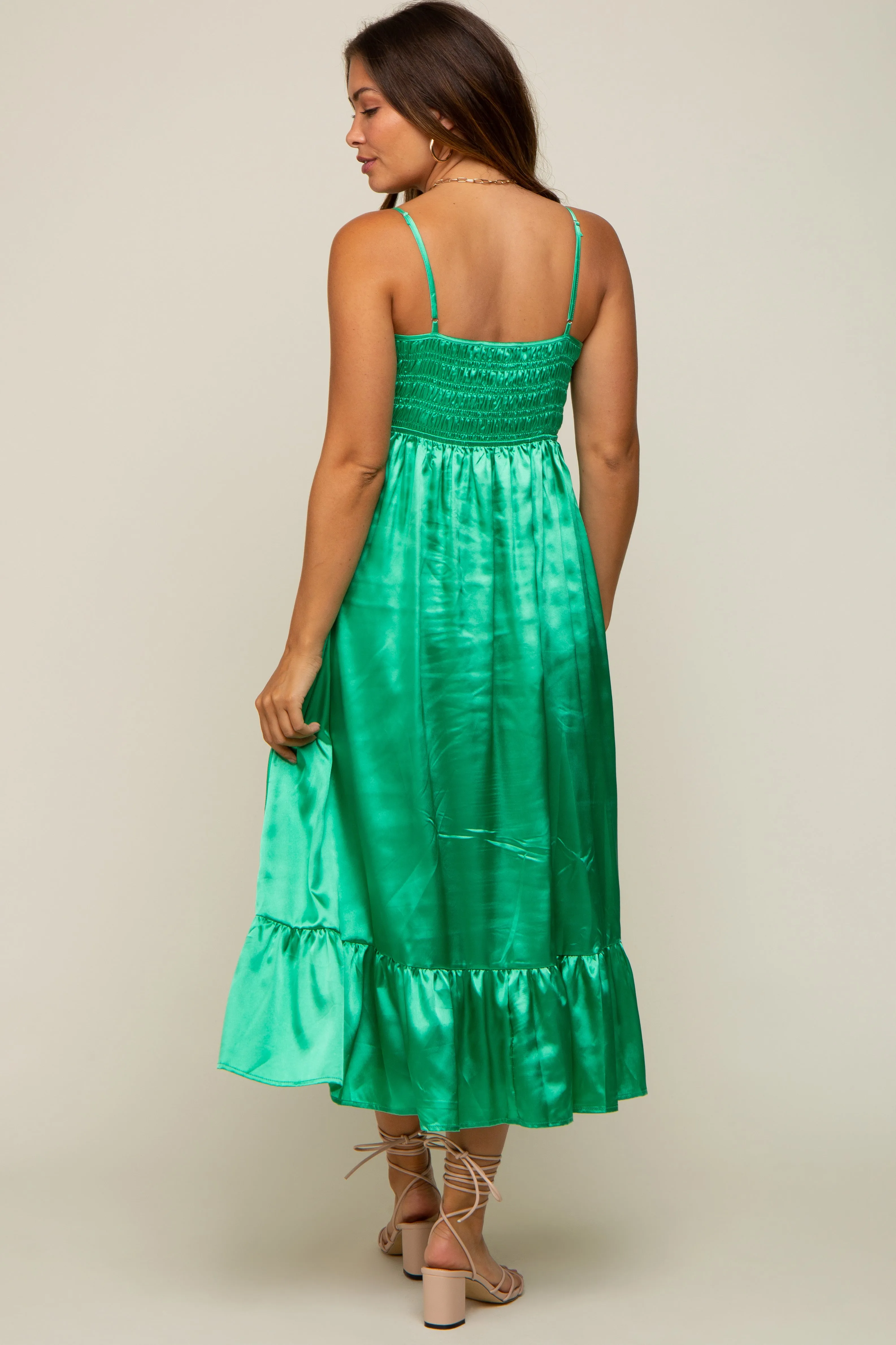 Green Satin Smocked V-Neck Maternity Midi Dress sold by Pinkblush product image thumbnail 4
