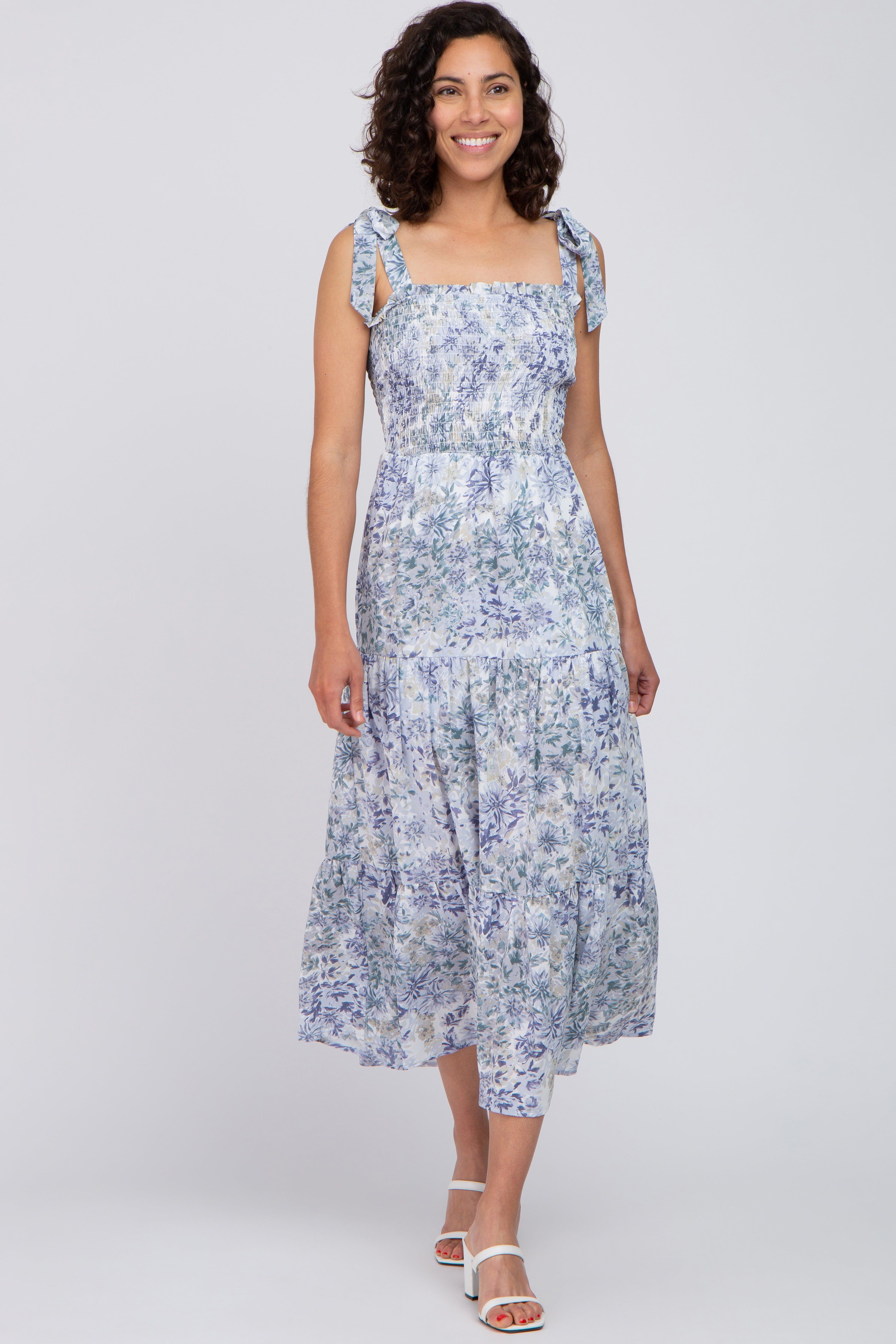 Blue Floral Smocked Tiered Maternity Maxi Dress sold by Pinkblush product image thumbnail 4