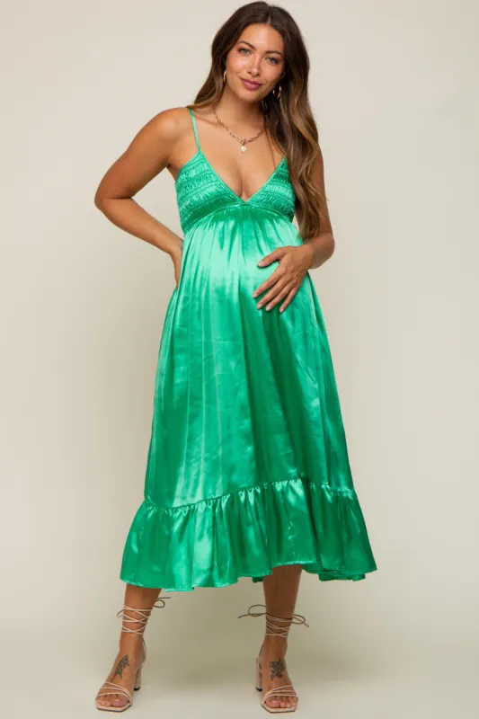 Green Satin Smocked V-Neck Maternity Midi Dress sold by Pinkblush