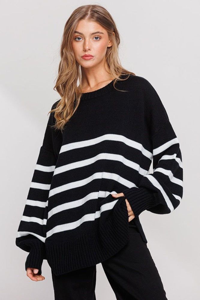 Black Striped Oversized Side Slit Maternity Sweater sold by Pinkblush product image thumbnail 4