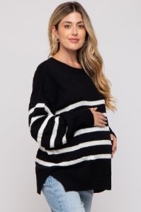 Black Striped Oversized Side Slit Maternity Sweater sold by Pinkblush