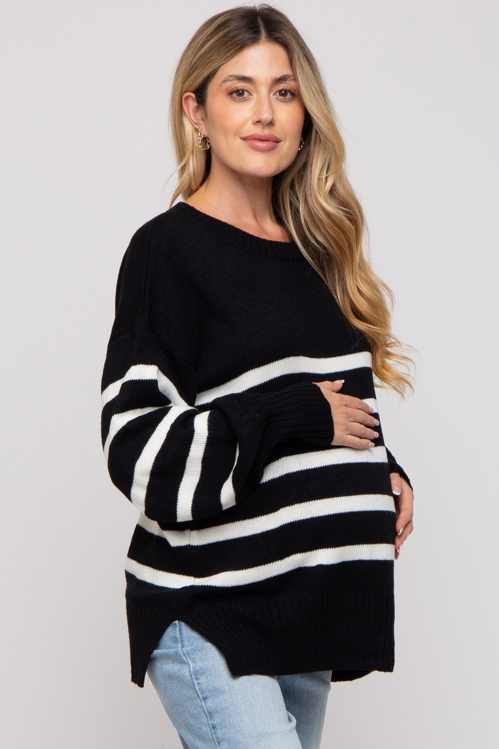 Black Striped Oversized Side Slit Maternity Sweater sold by Pinkblush product image thumbnail 2