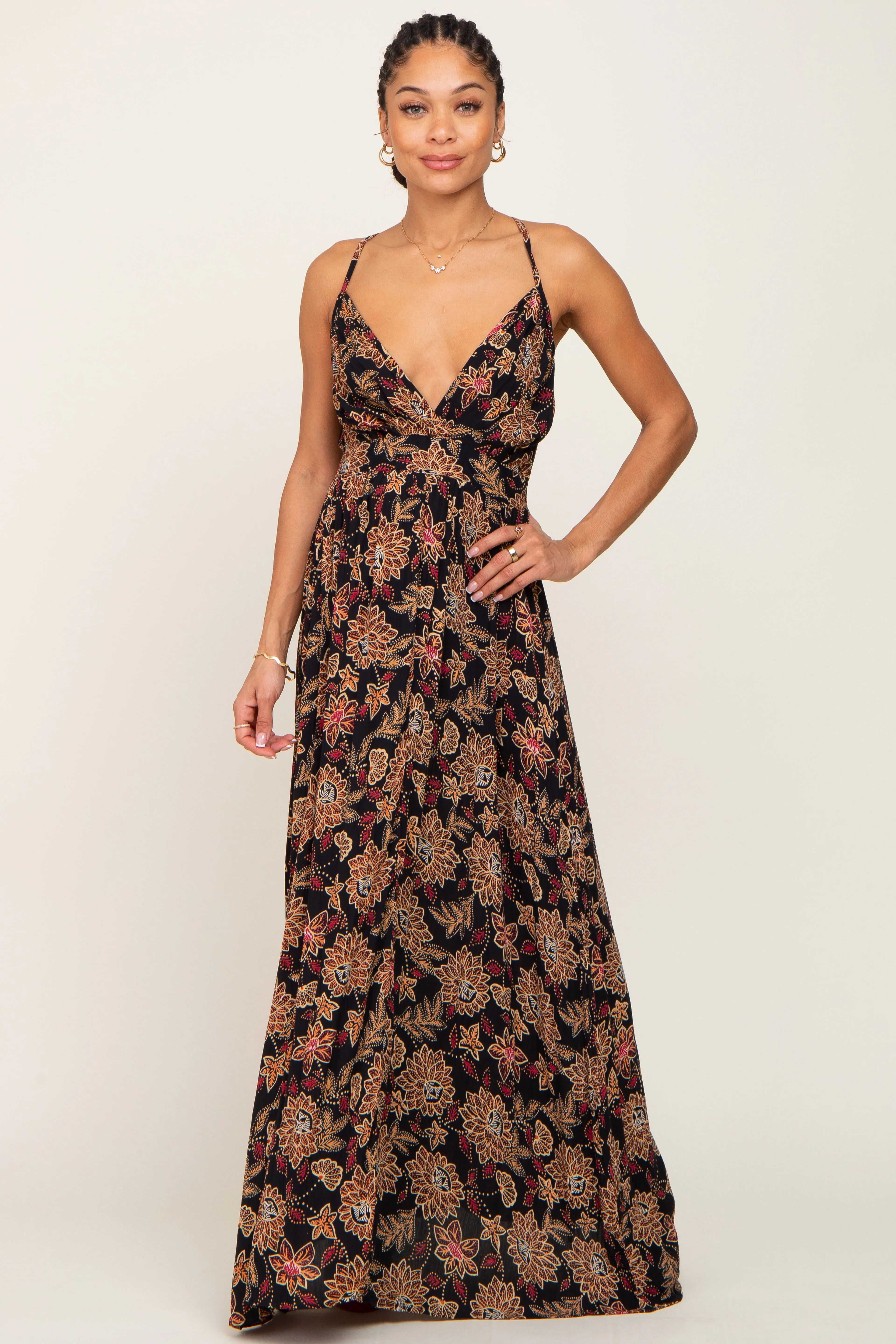 Black Floral V-Neck Cross Back Maxi Dress sold by Pinkblush