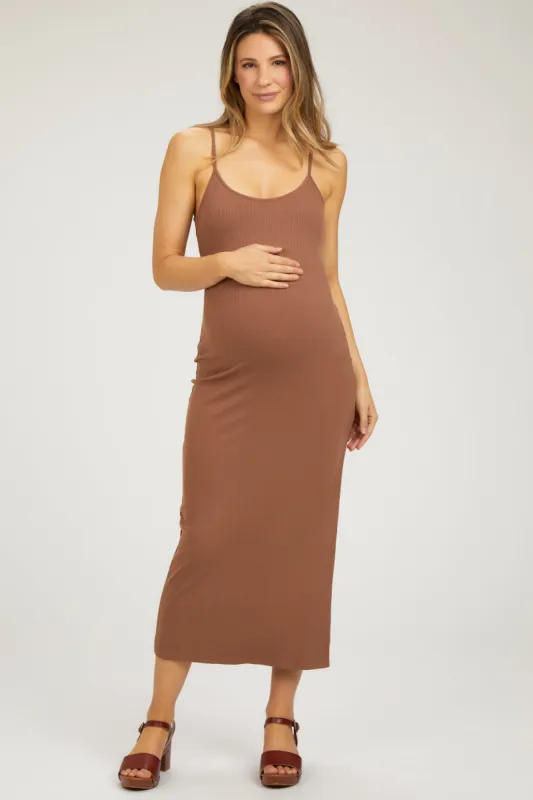 Mocha Ribbed Sleeveless Side Slit Maternity Dress sold by Pinkblush