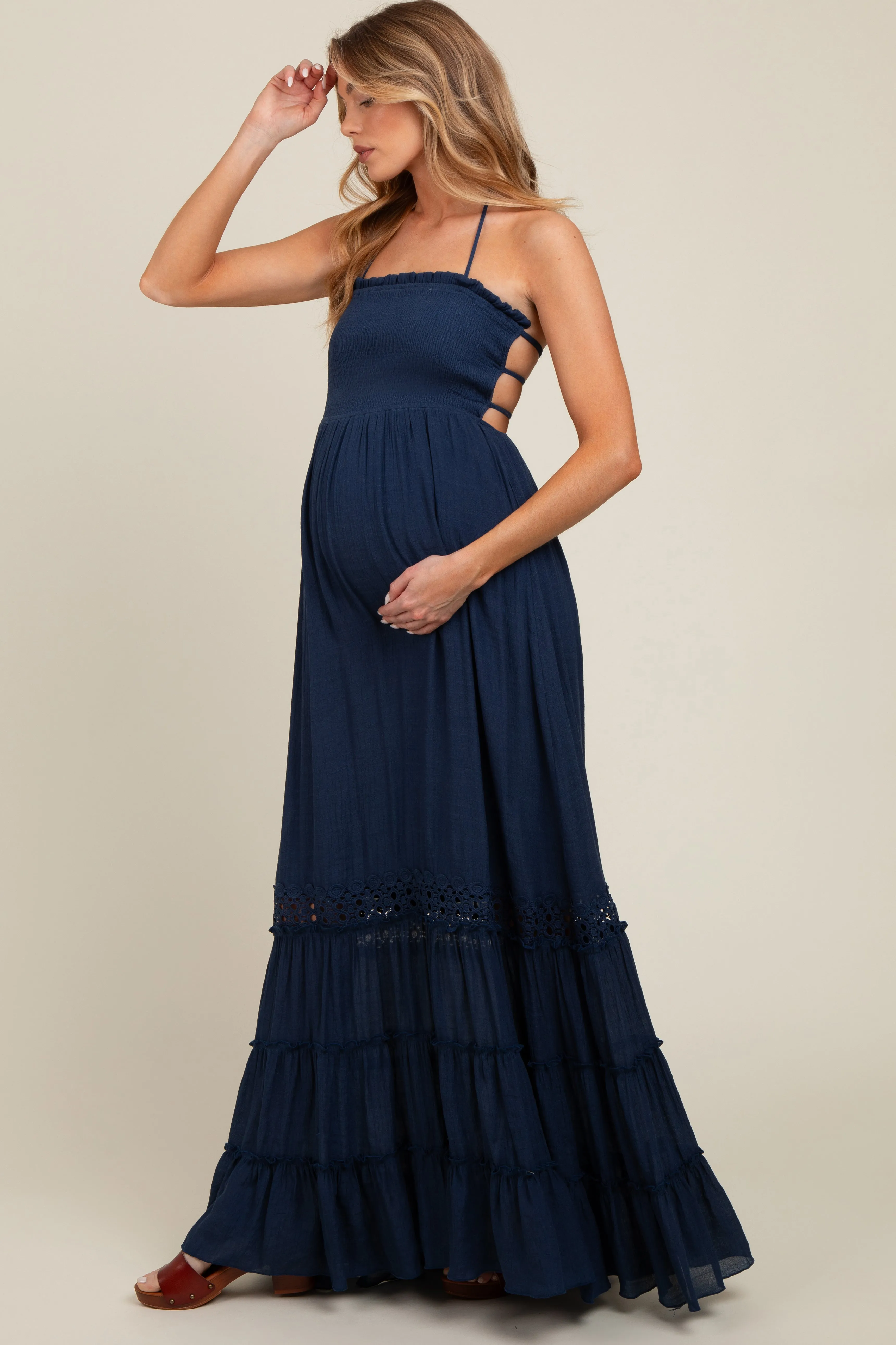 Navy Smocked Open Back Maternity Maxi Dress sold by Pinkblush product image thumbnail 3