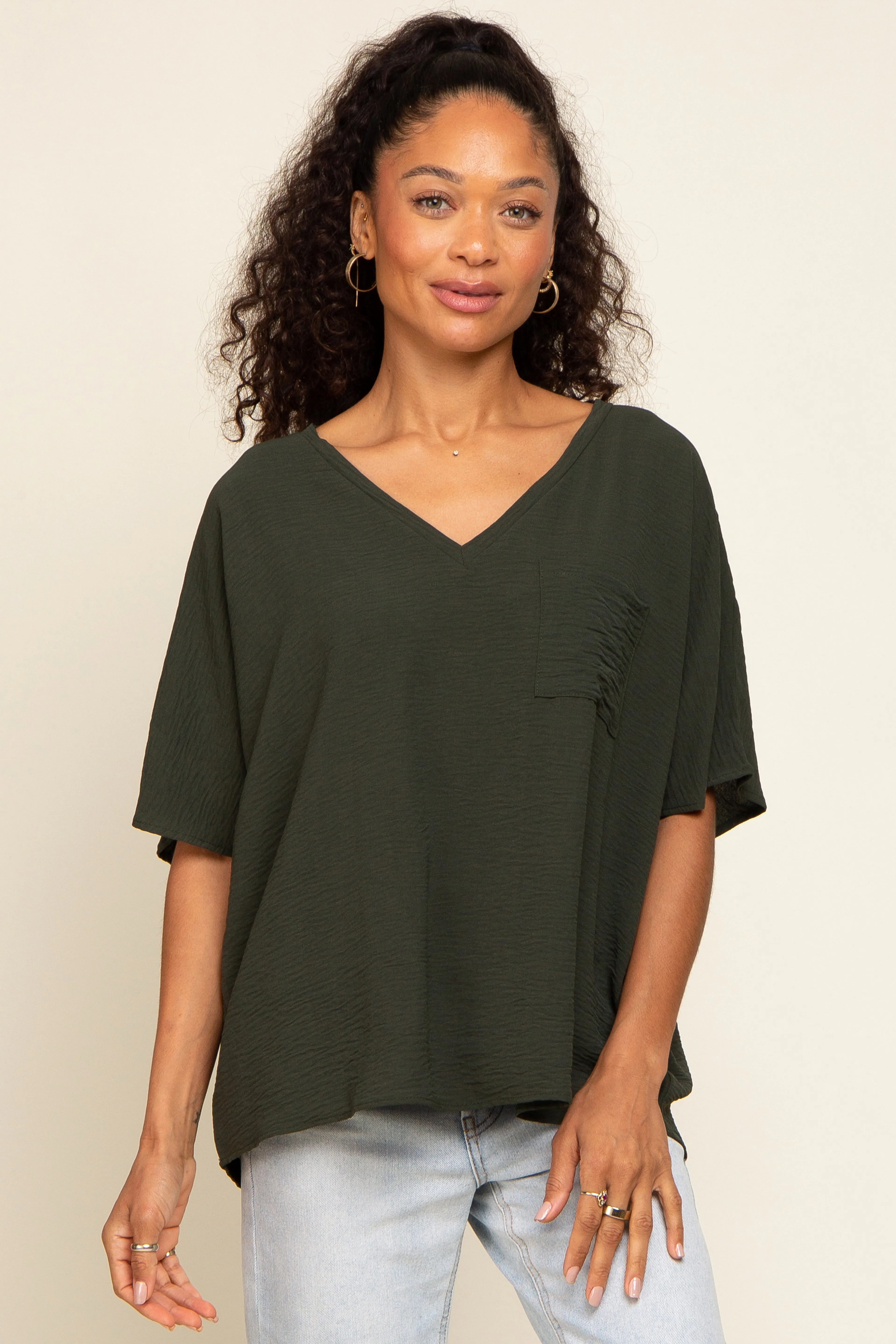 Olive Oversized V-Neck Pocket Front Blouse sold by Pinkblush