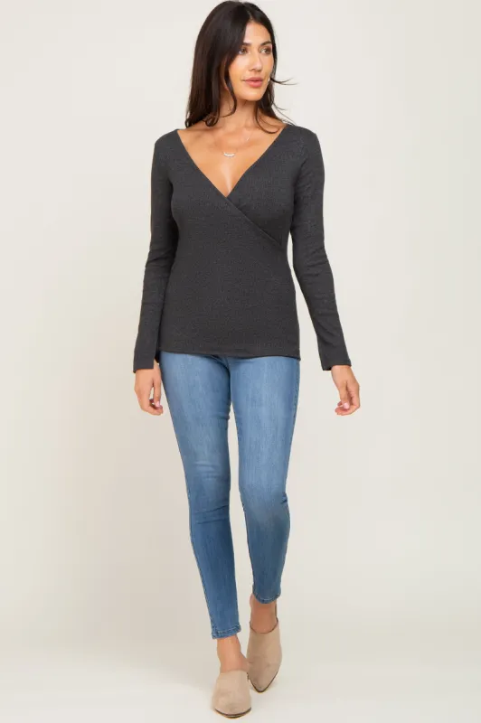 Charcoal Ribbed Long Sleeve Wrap Nursing Top sold by Pinkblush