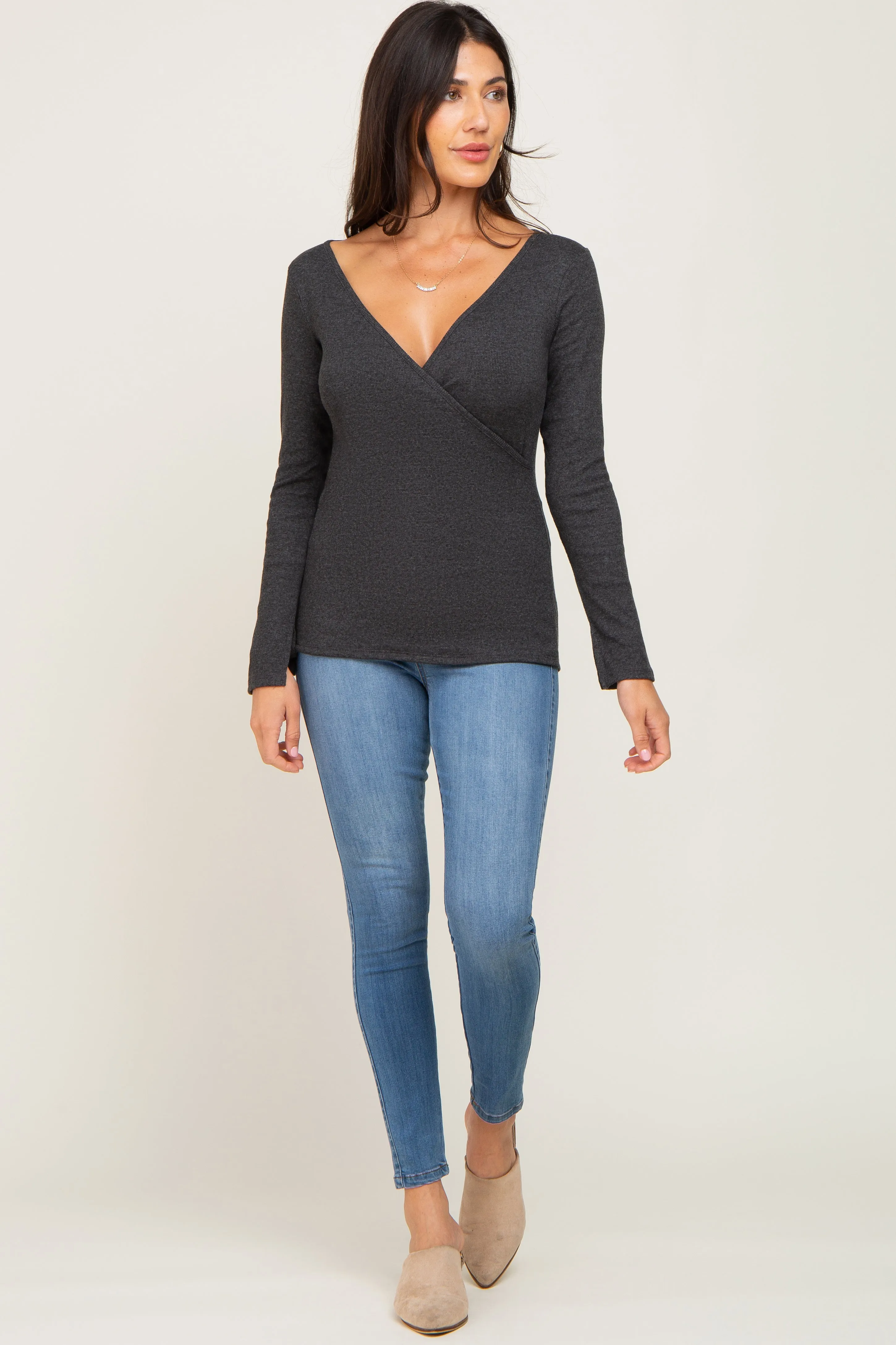 Charcoal Ribbed Long Sleeve Wrap Nursing Top sold by Pinkblush