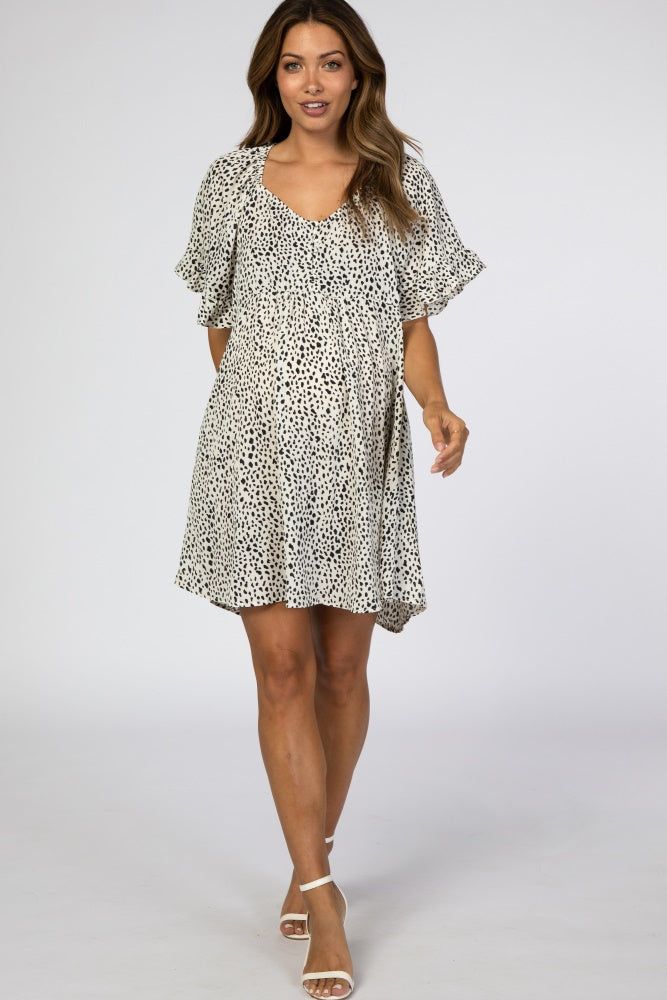 Cream Satin Dot Print Ruffle Sleeve Babydoll Maternity Dress sold by Pinkblush
