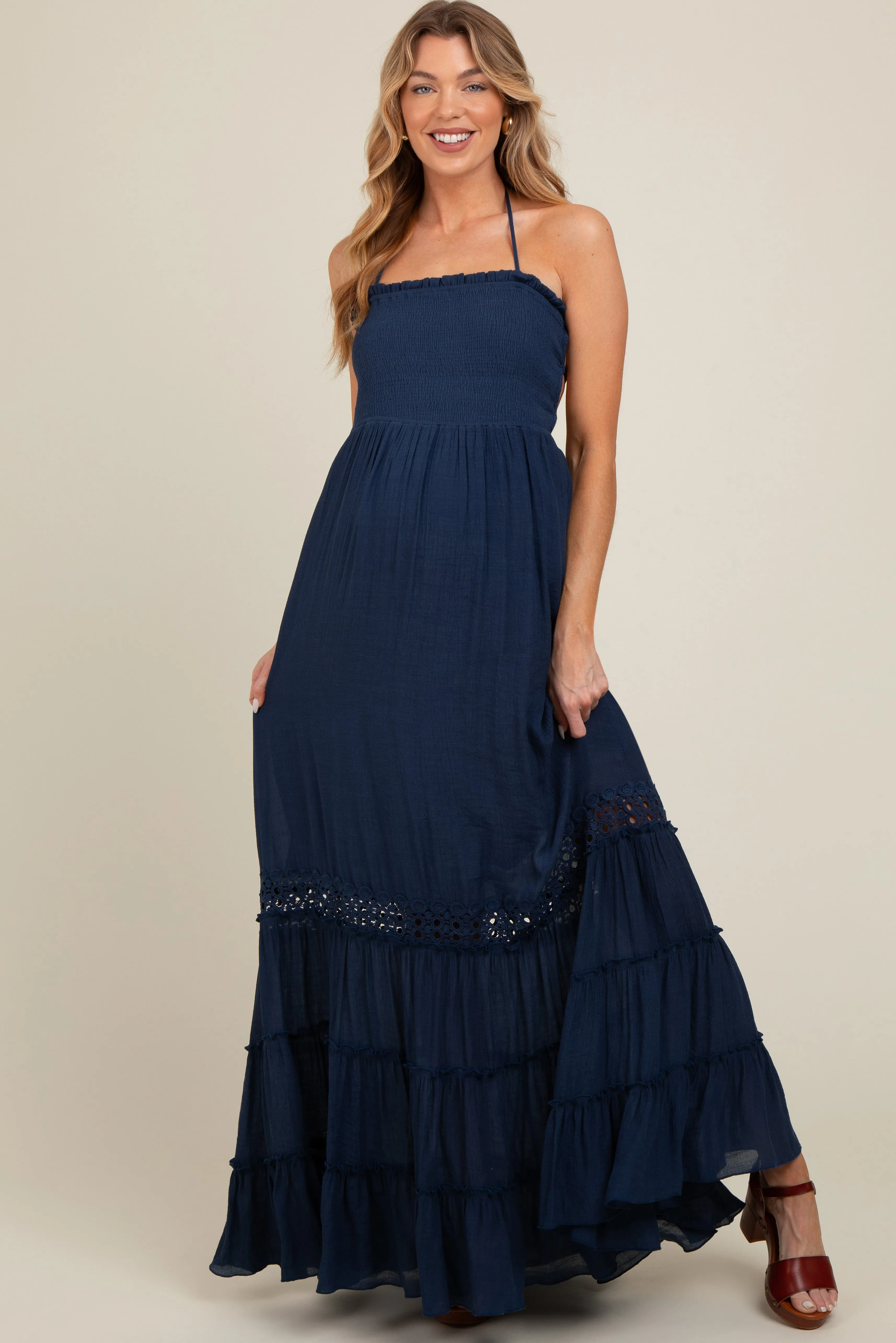 Navy Smocked Open Back Maternity Maxi Dress sold by Pinkblush