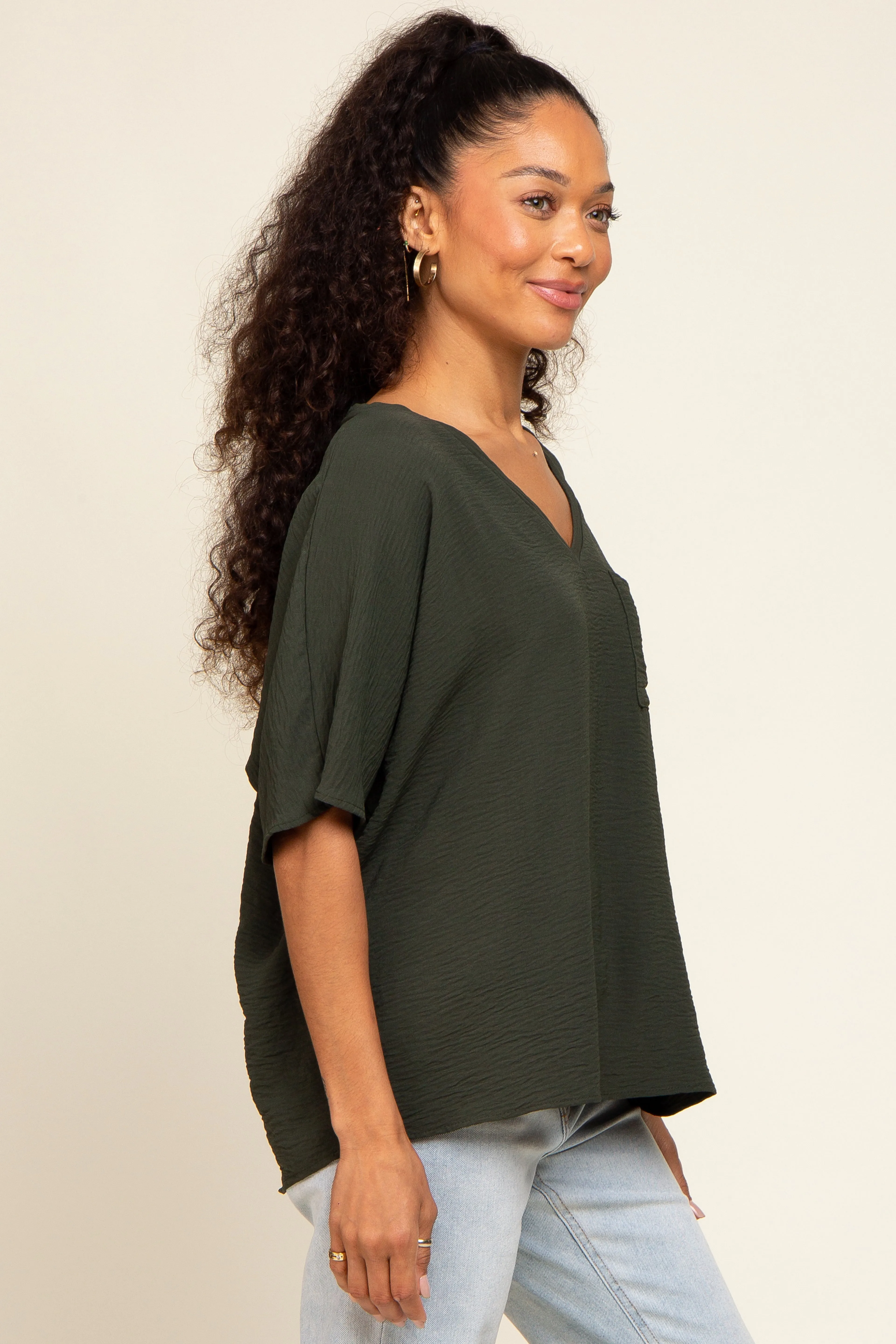Olive Oversized V-Neck Pocket Front Blouse sold by Pinkblush product image thumbnail 2