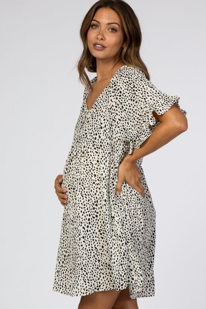 Cream Satin Dot Print Ruffle Sleeve Babydoll Maternity Dress sold by Pinkblush product image thumbnail 2