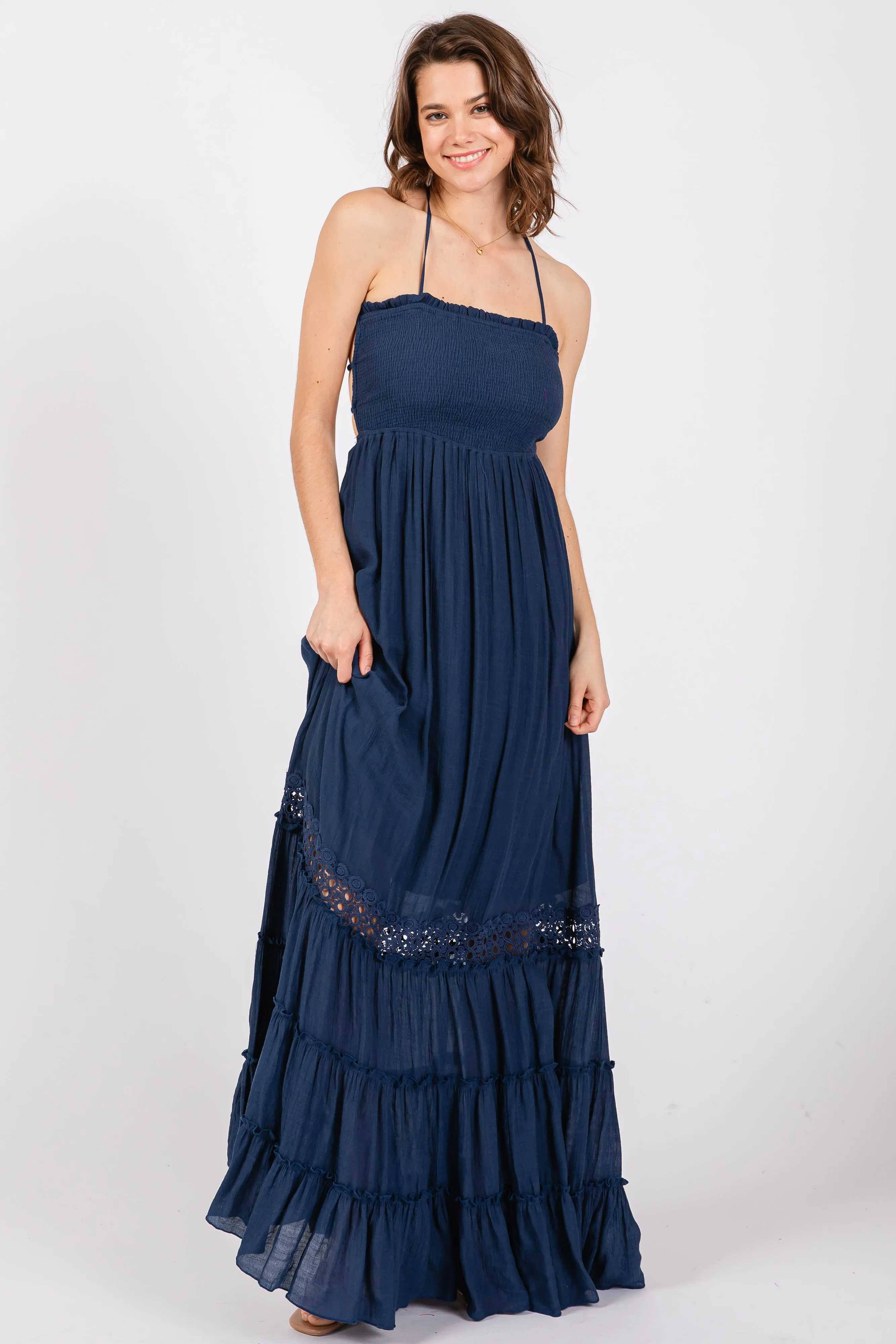 Navy Smocked Open Back Maternity Maxi Dress sold by Pinkblush product image thumbnail 5