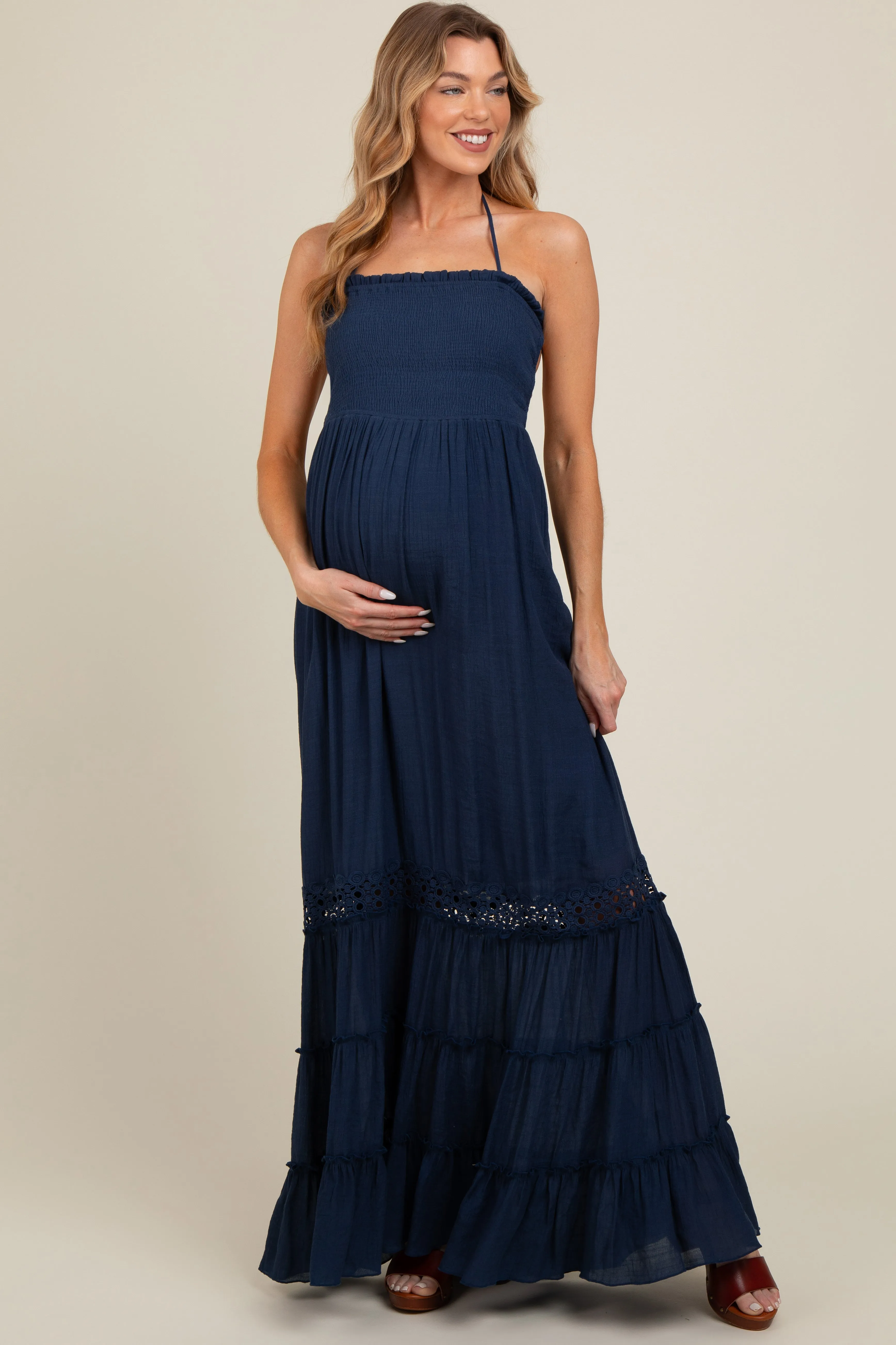 Navy Smocked Open Back Maternity Maxi Dress sold by Pinkblush product image thumbnail 2