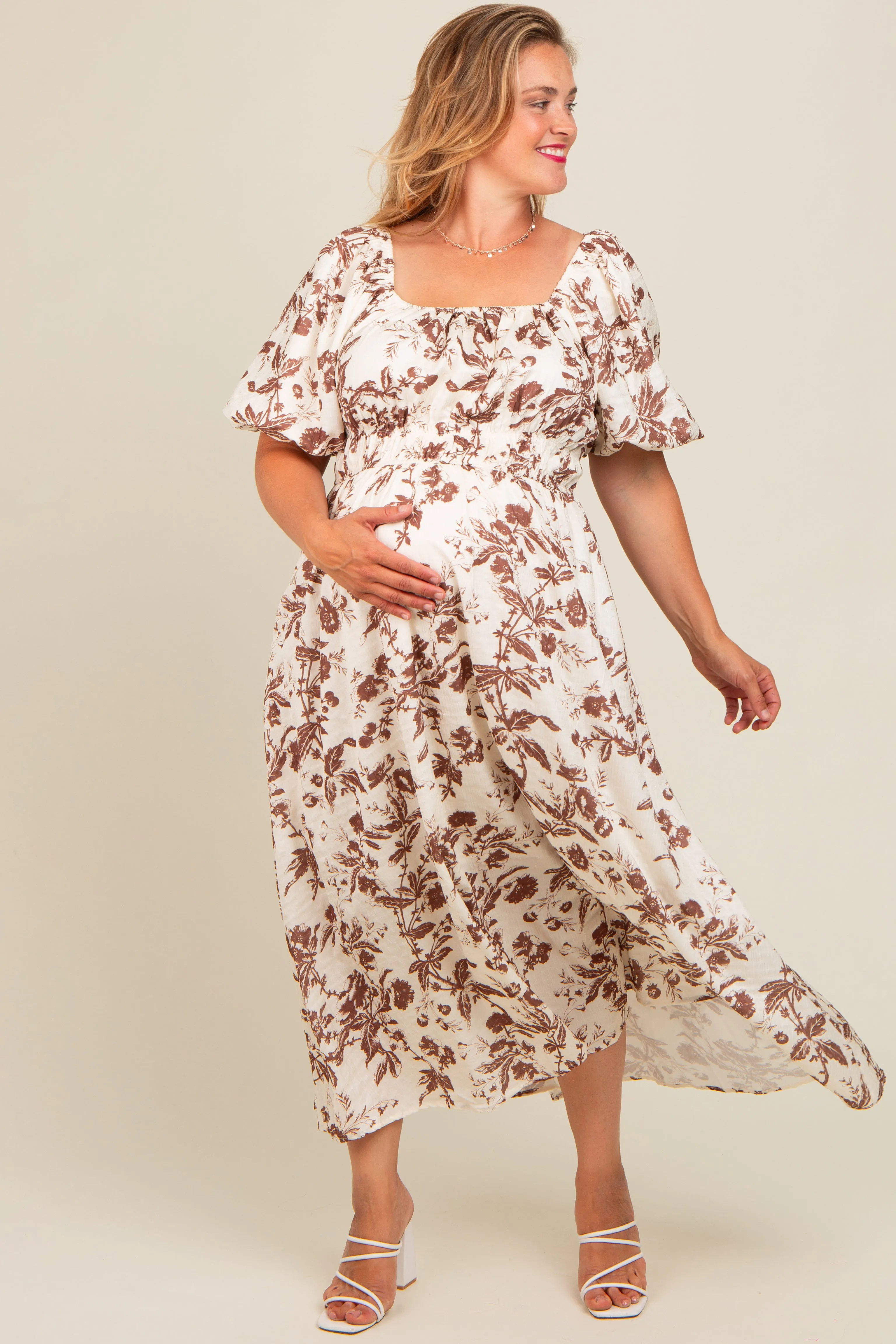 Brown Floral Puff Sleeve Maternity Plus Midi Dress sold by Pinkblush