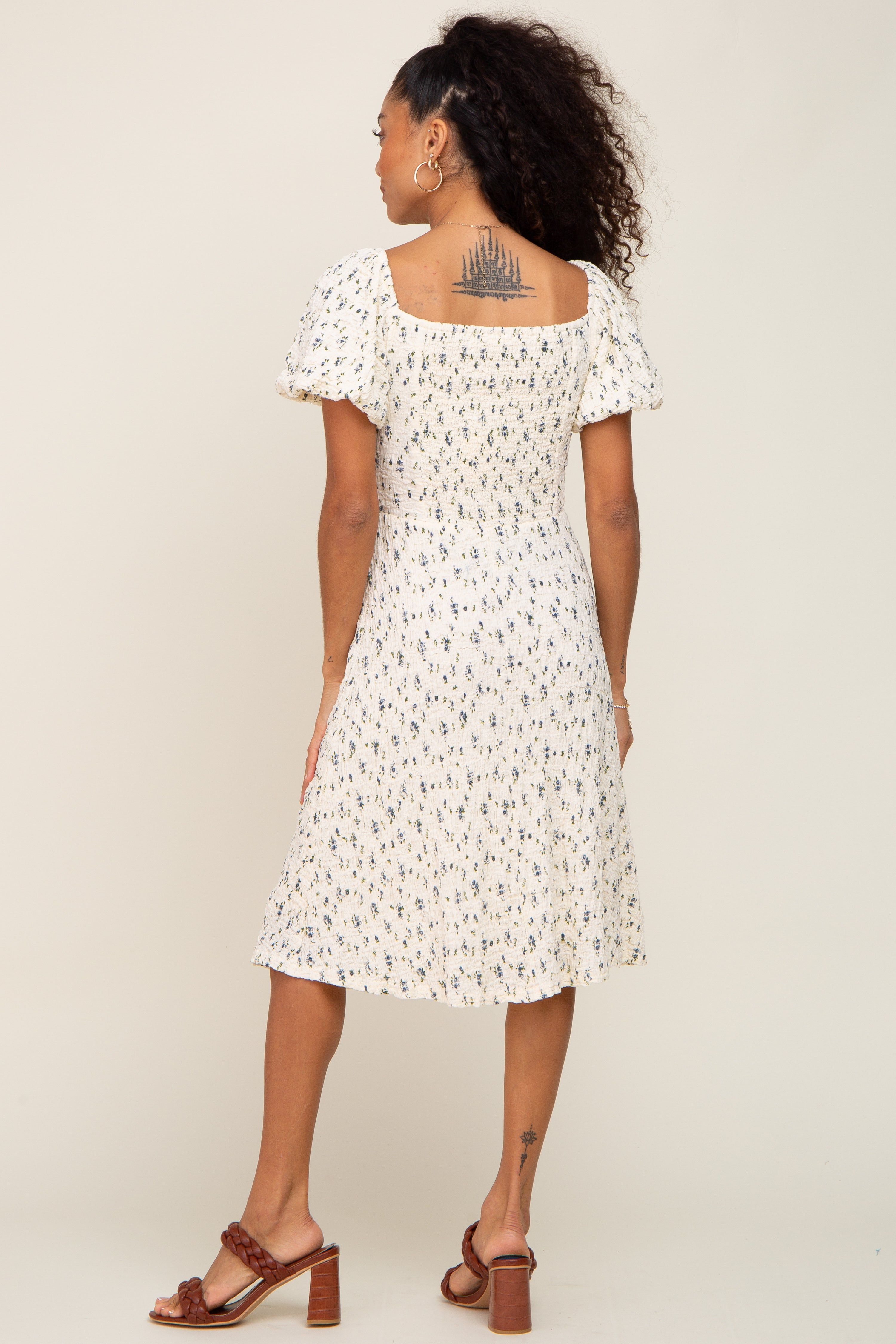 Ivory Smocked Floral Puff Sleeve Dress sold by Pinkblush product image thumbnail 3