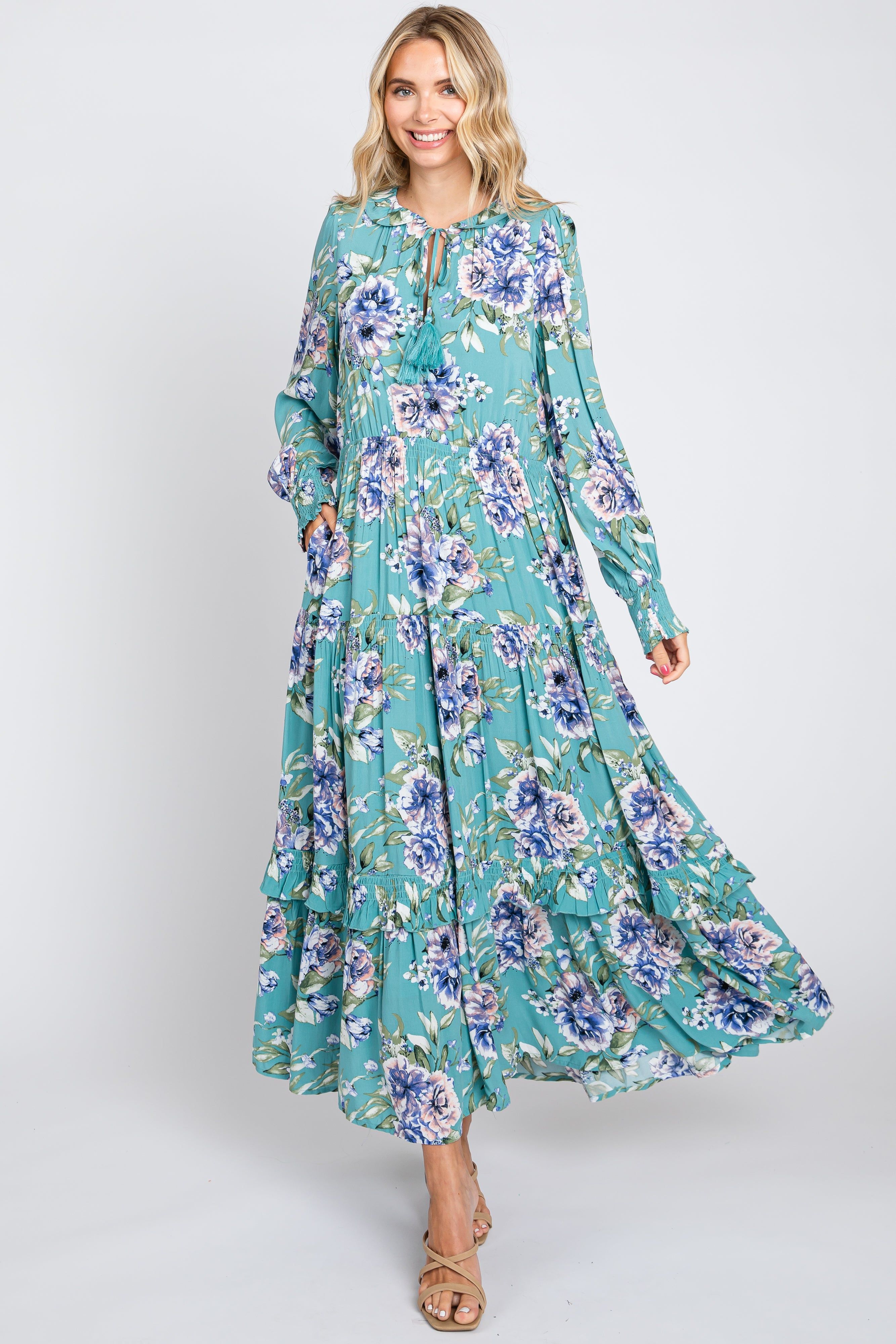 Jade Floral Smocked Ruffle Neck Maxi Dress sold by Pinkblush