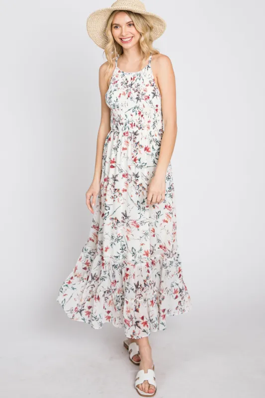 White Floral Chiffon Smocked Midi Dress sold by Pinkblush