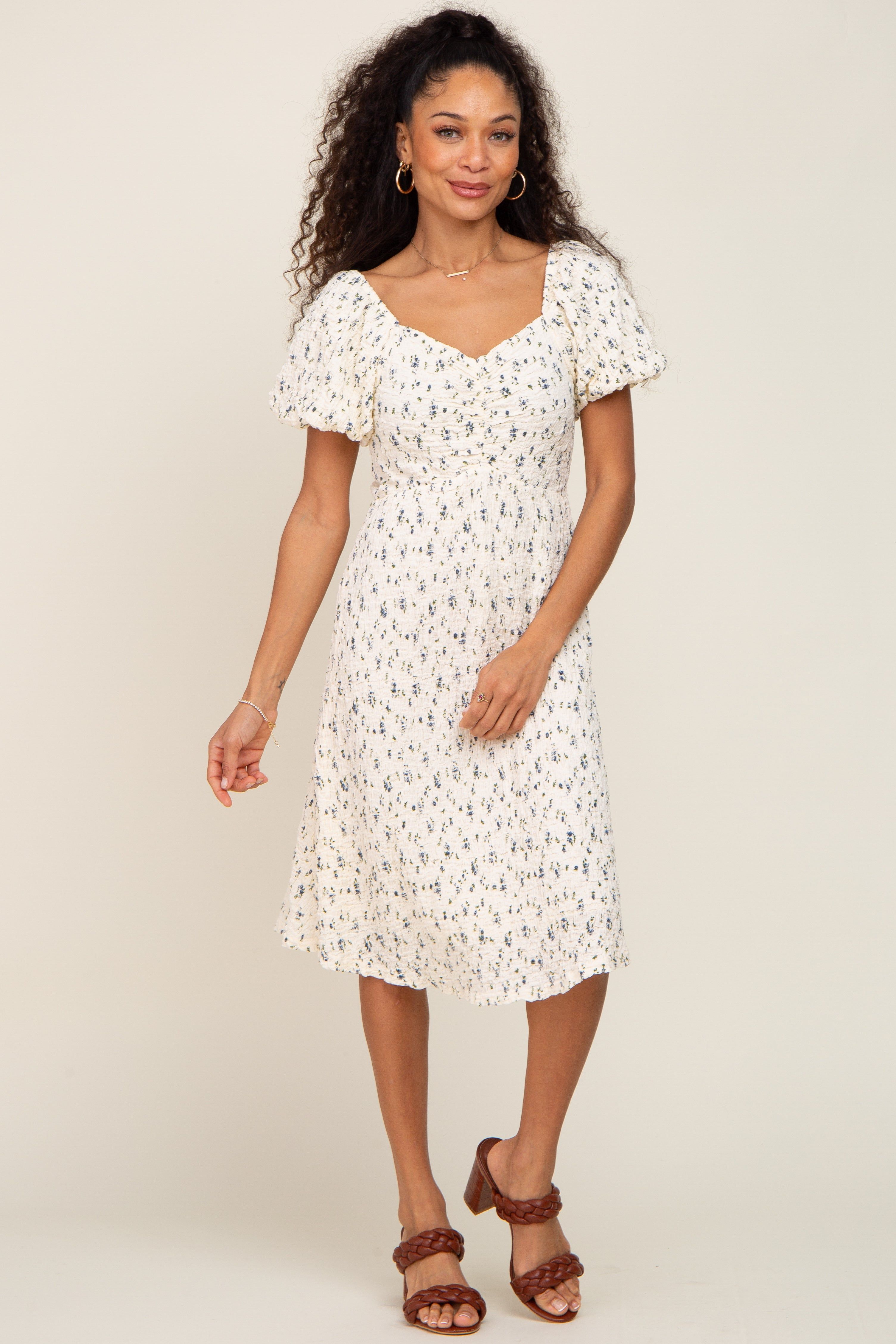 Ivory Smocked Floral Puff Sleeve Dress sold by Pinkblush