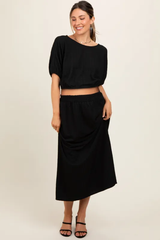 Black Waffle Texture Crop Top and Skirt Maternity Set sold by Pinkblush