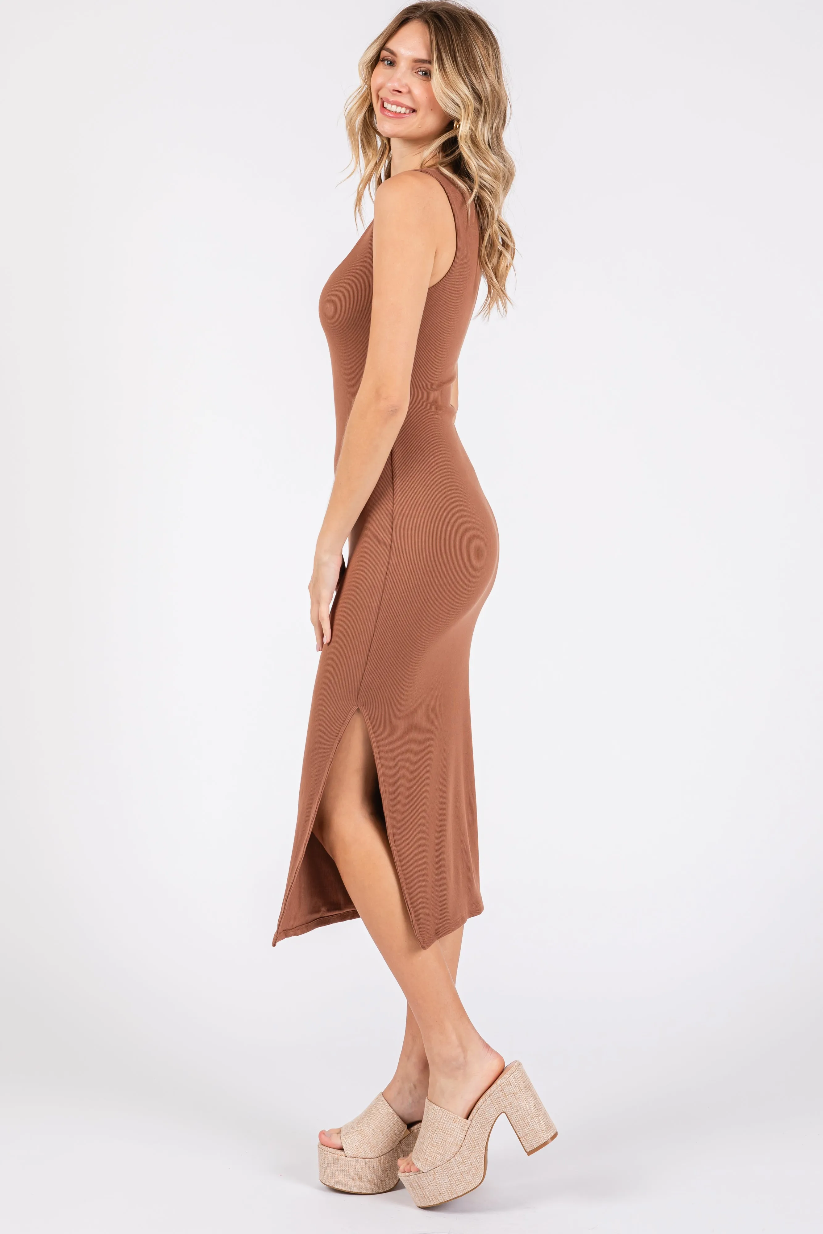 Mocha Ribbed Knit Sleeveless Side Slit Dress sold by Pinkblush product image thumbnail 3