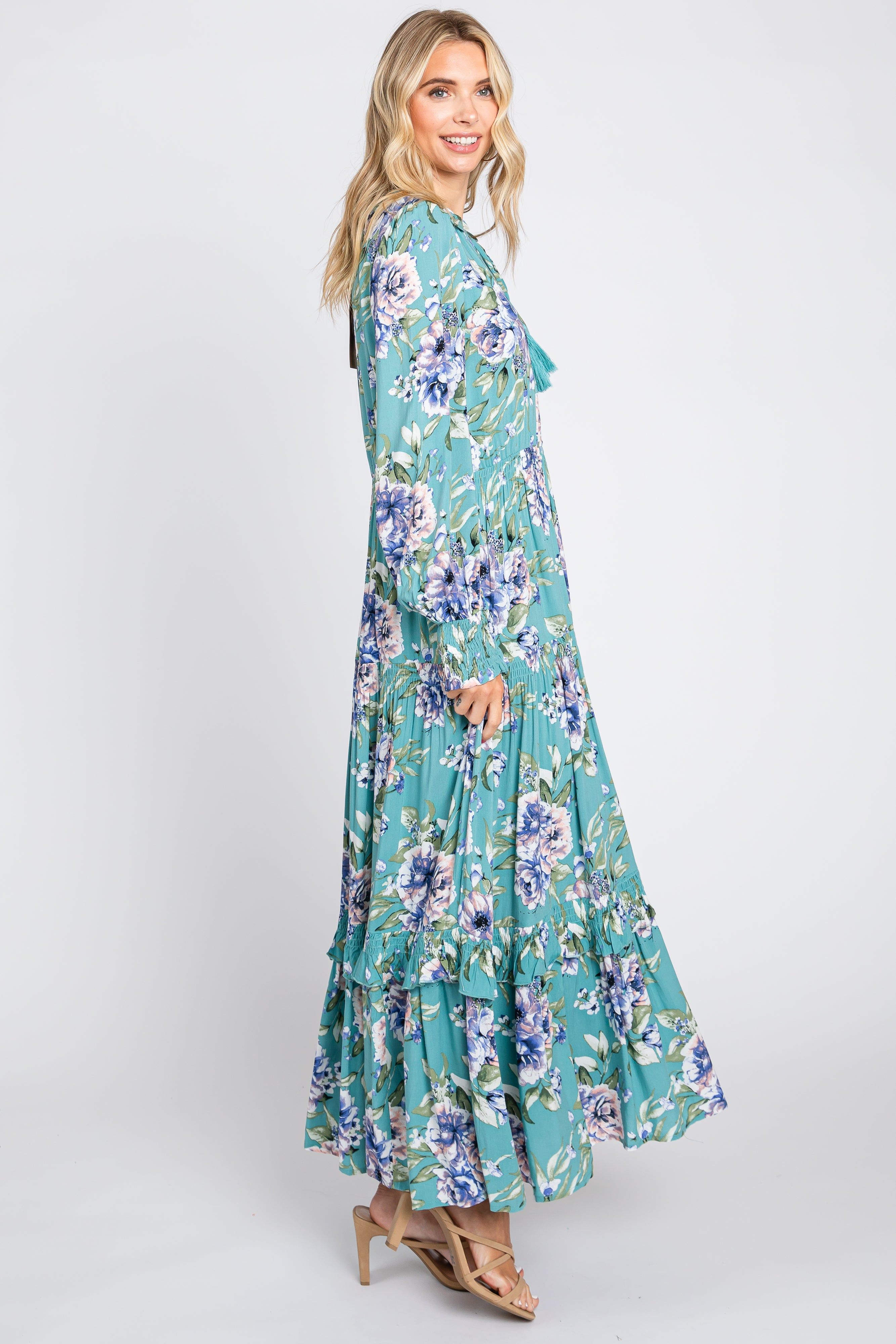 Jade Floral Smocked Ruffle Neck Maxi Dress sold by Pinkblush product image thumbnail 2