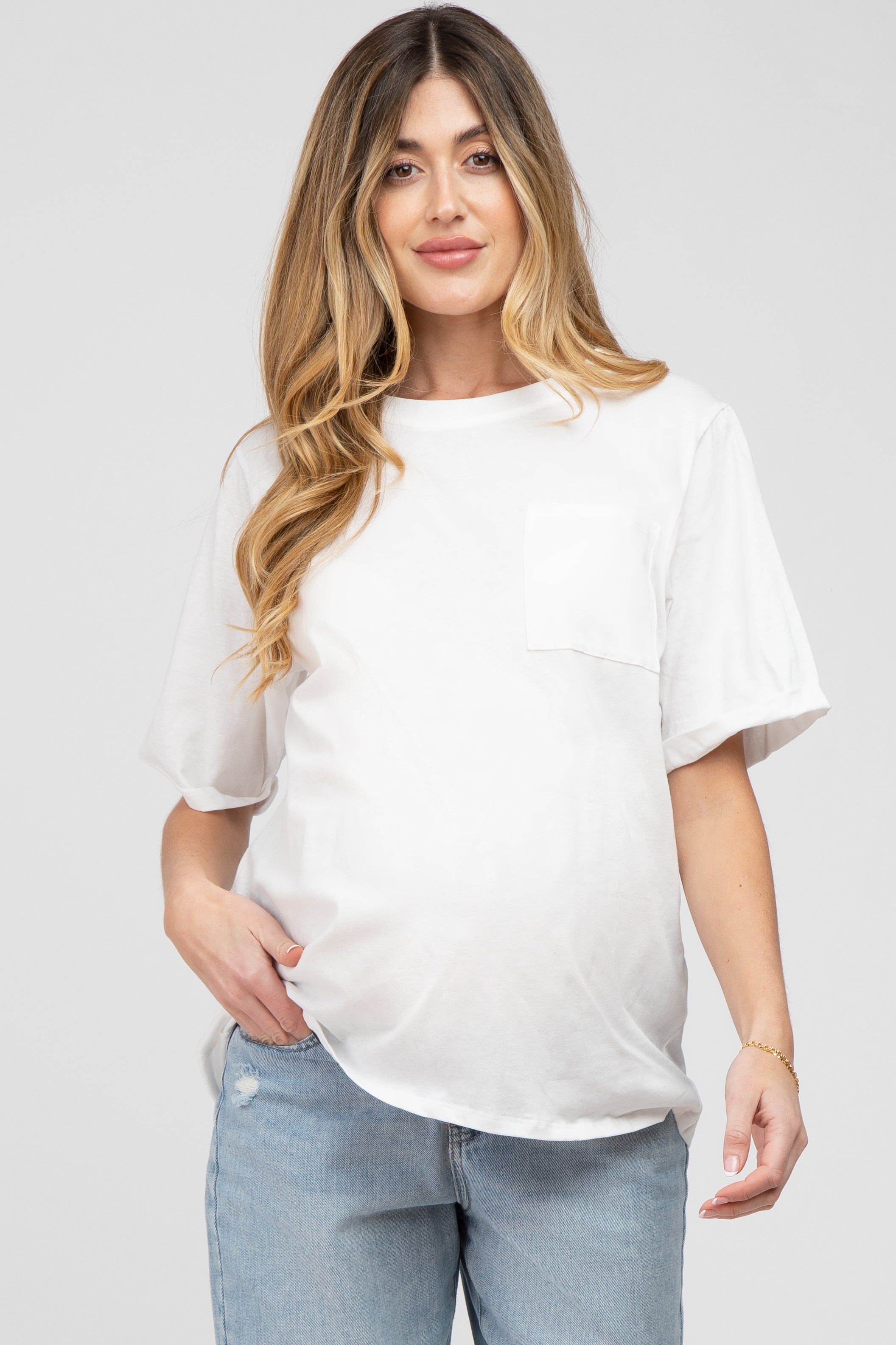 White Oversized Pocket Front Short Sleeve Maternity Top sold by Pinkblush