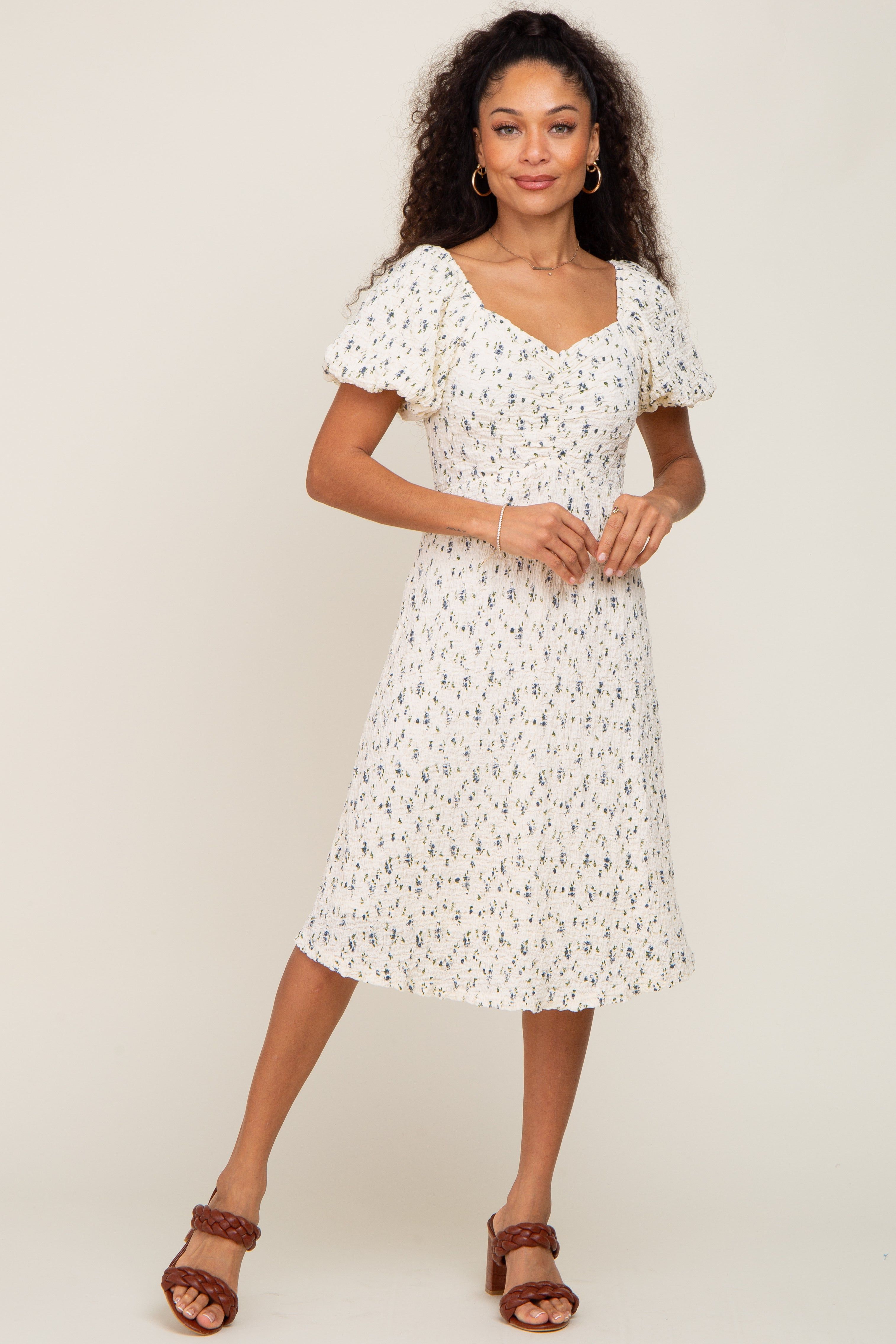 Ivory Smocked Floral Puff Sleeve Dress sold by Pinkblush product image thumbnail 5