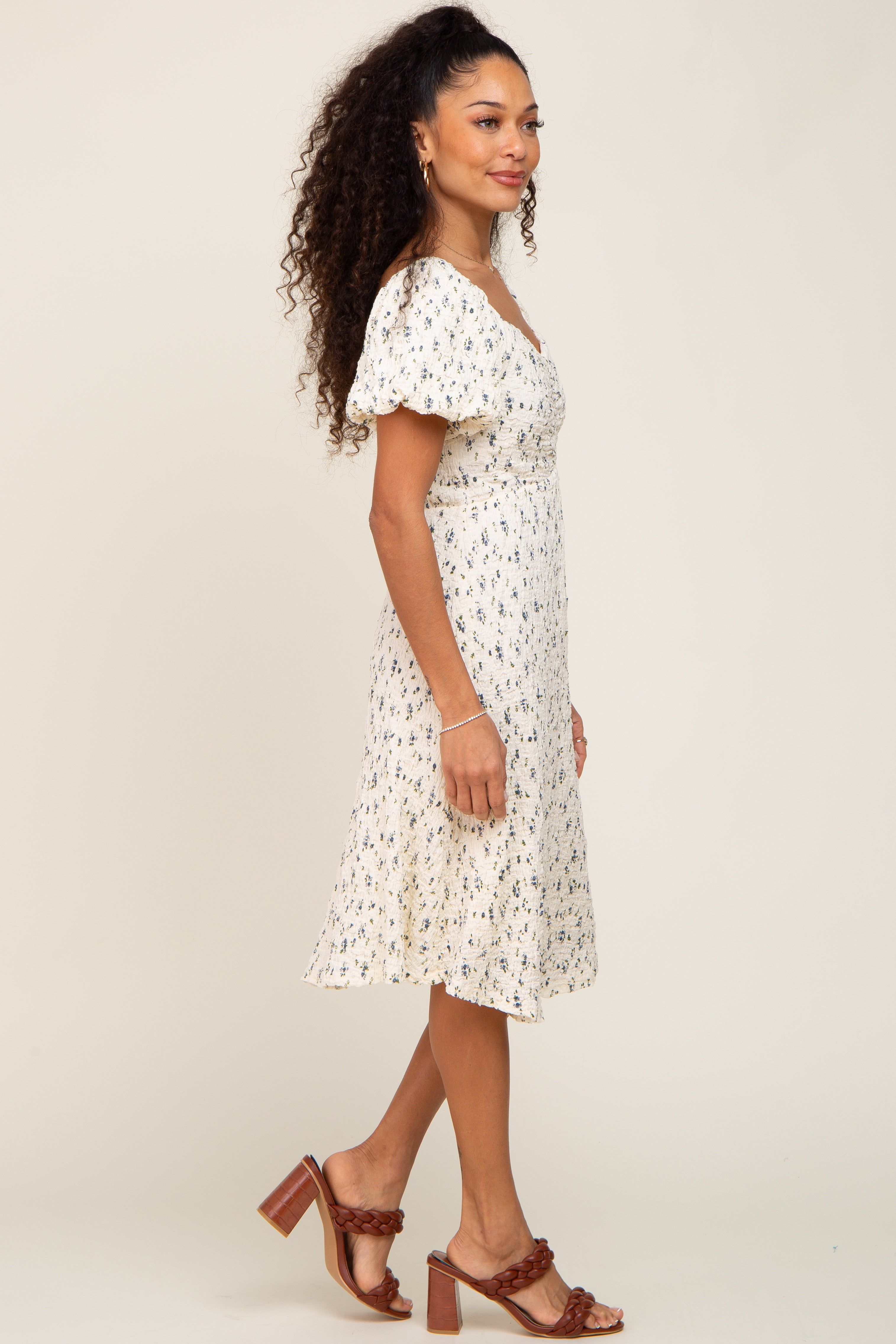 Ivory Smocked Floral Puff Sleeve Dress sold by Pinkblush product image thumbnail 2