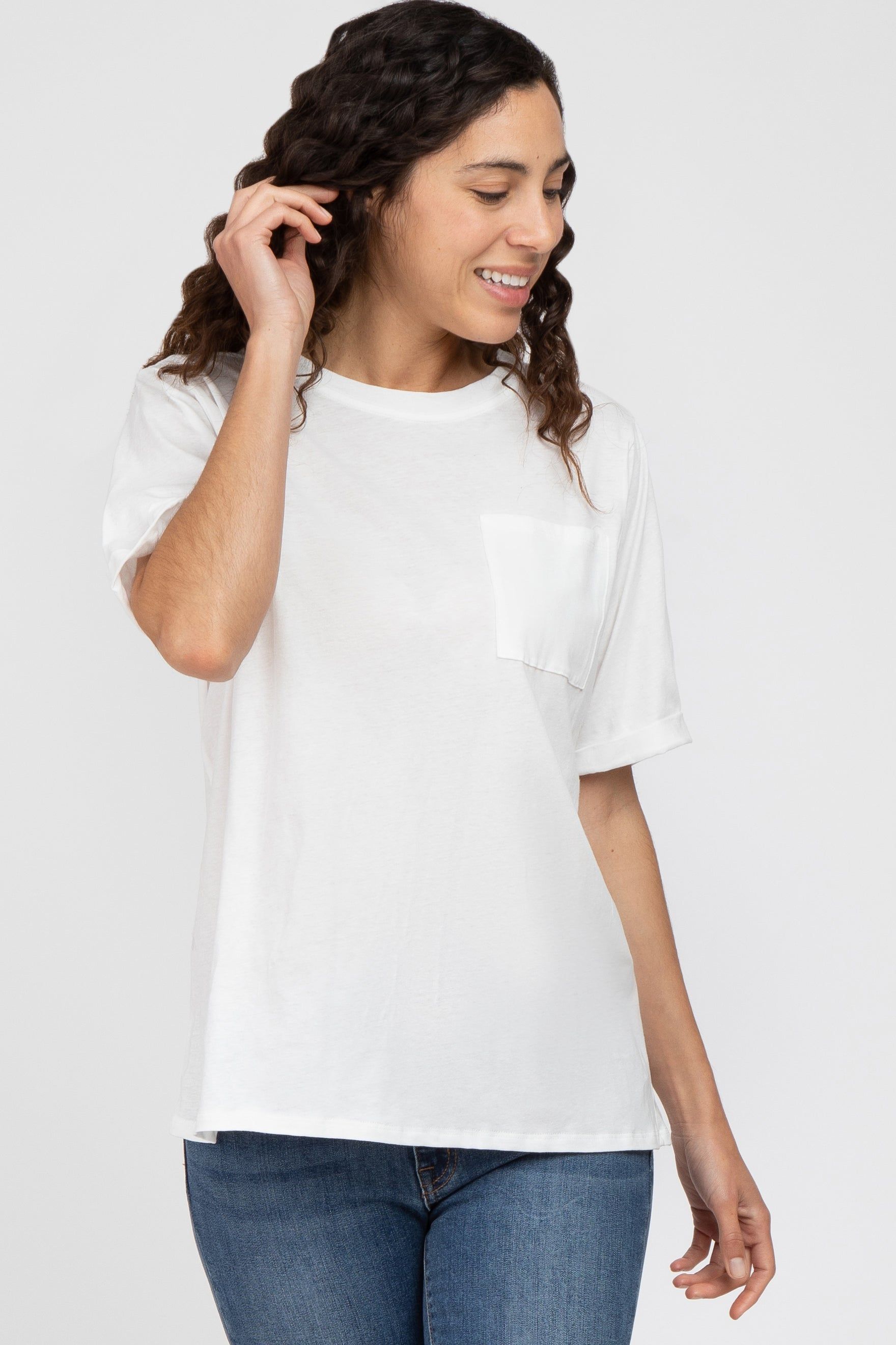 White Oversized Pocket Front Short Sleeve Maternity Top sold by Pinkblush product image thumbnail 5