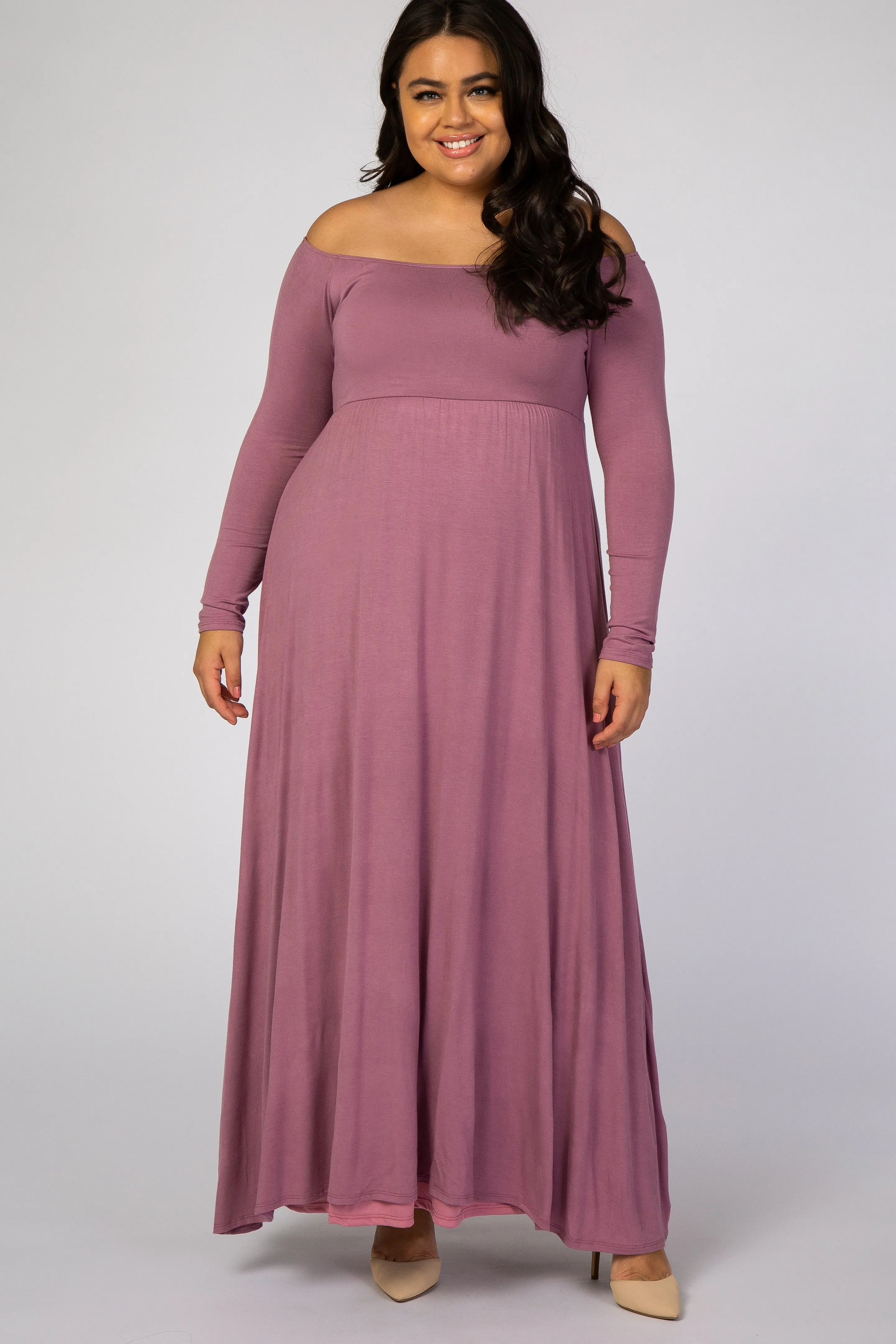 Mauve Solid Off Shoulder Plus Maxi Dress sold by Pinkblush