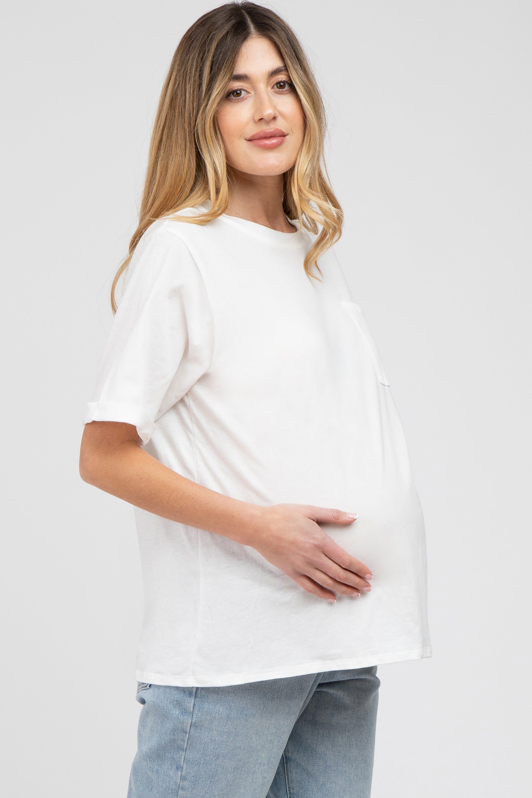 White Oversized Pocket Front Short Sleeve Maternity Top sold by Pinkblush product image thumbnail 2