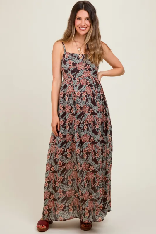 Brown Floral Lightweight Sleeveless Maternity Dress sold by Pinkblush