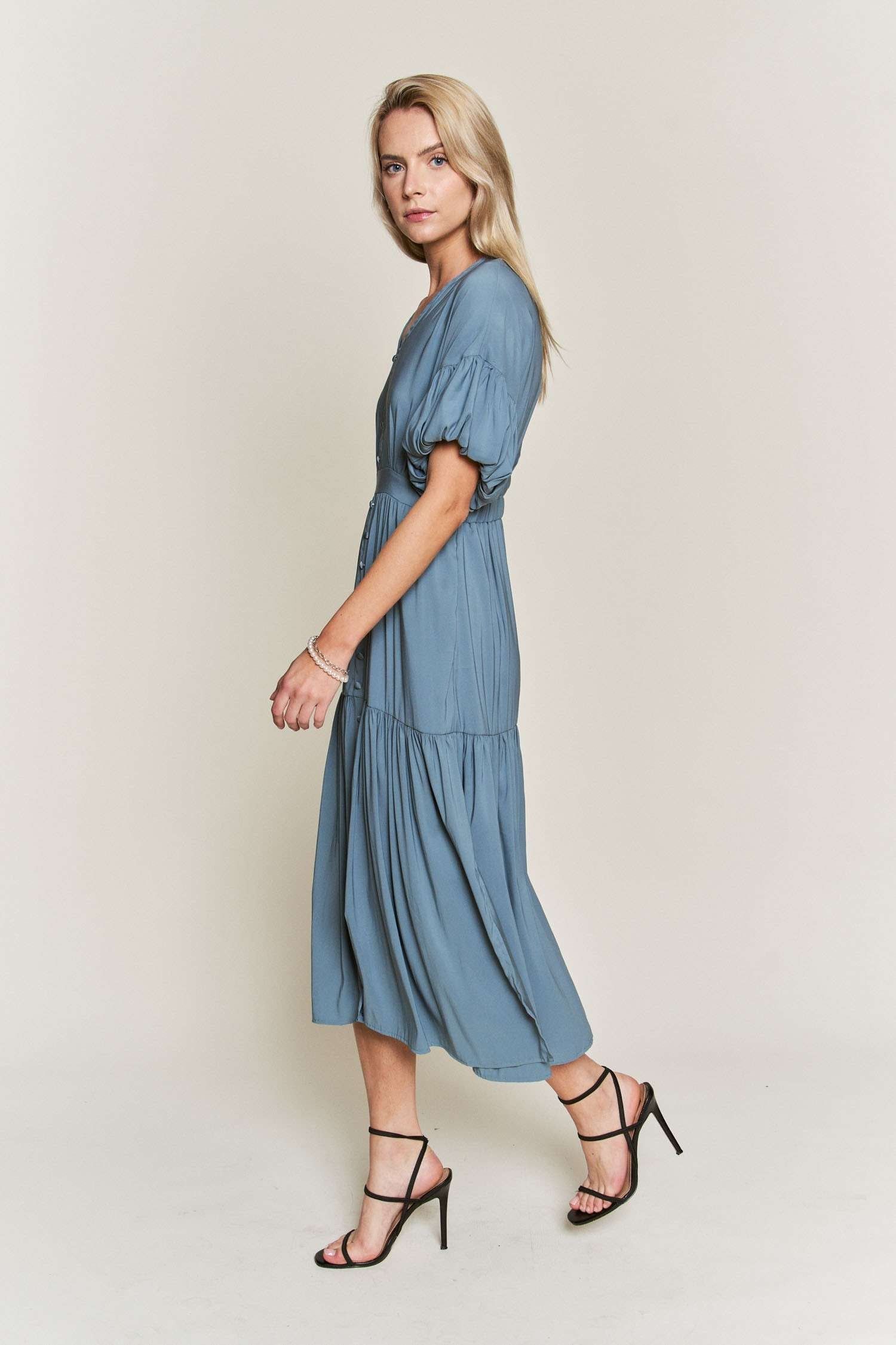 Blue V Neck Button Down Midi Dress sold by Pinkblush product image thumbnail 2