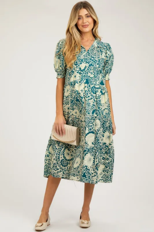 Teal Floral Collared Tiered Maternity Midi Dress sold by Pinkblush